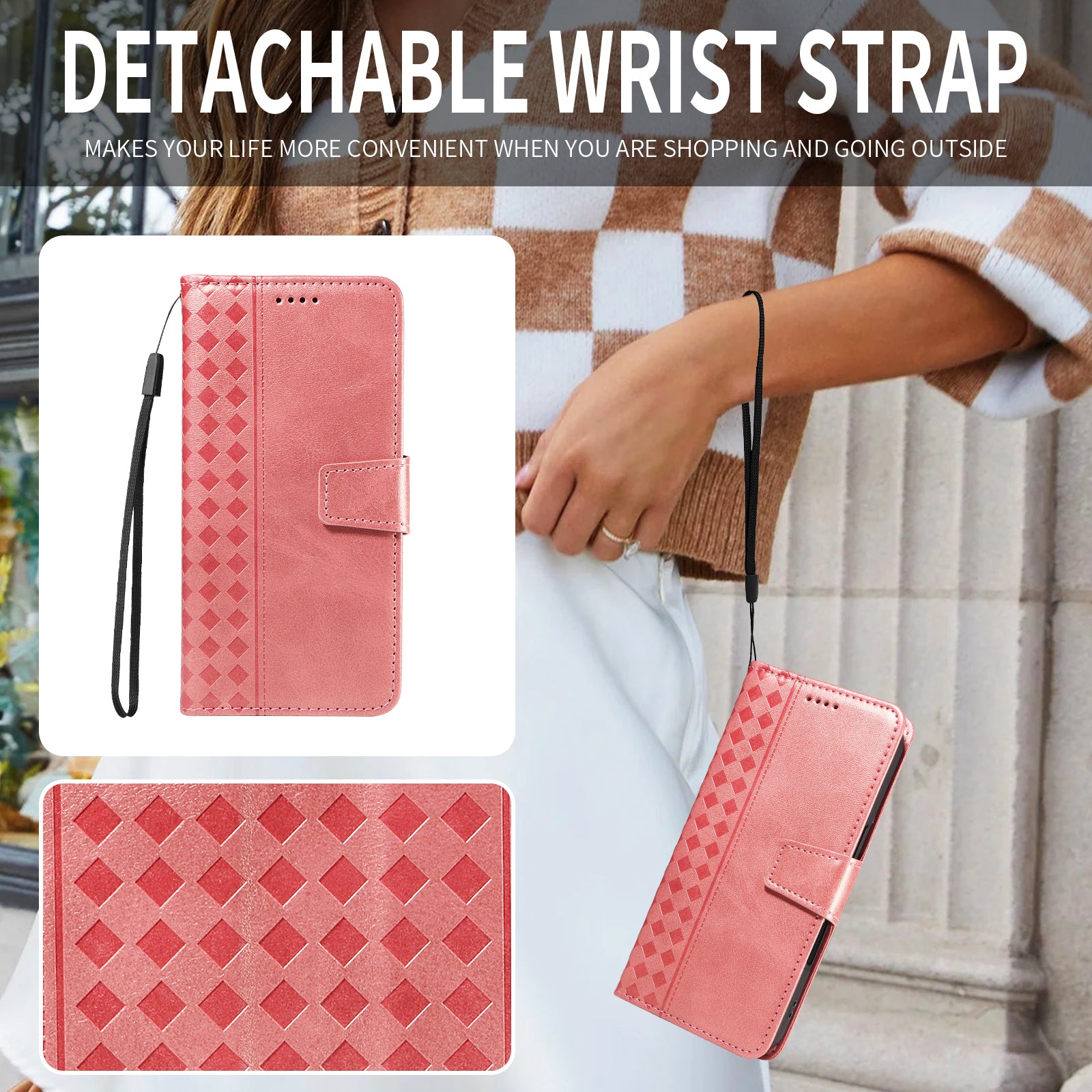 For-Samsung-Galaxy-S26-Edge-Leather-Case-Wallet-Stand-Grids-Imprinted-Phone-Cover-with-Strap-Rose-Gold