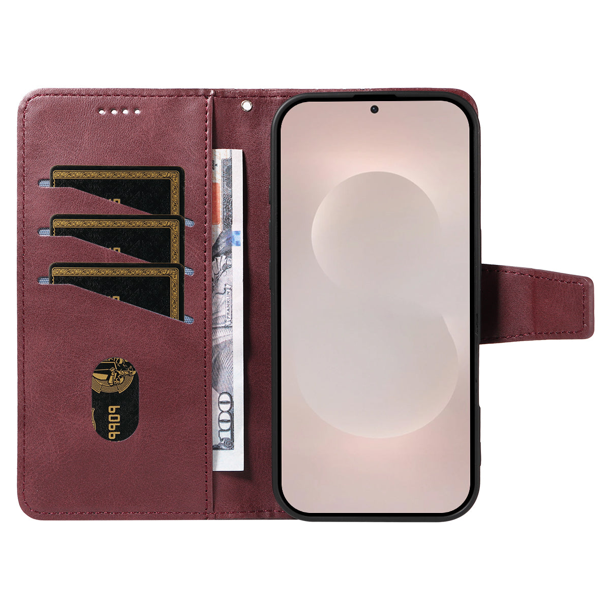 For-Samsung-Galaxy-S26-Edge-Leather-Case-Wallet-Stand-Grids-Imprinted-Phone-Cover-with-Strap-Wine-Red