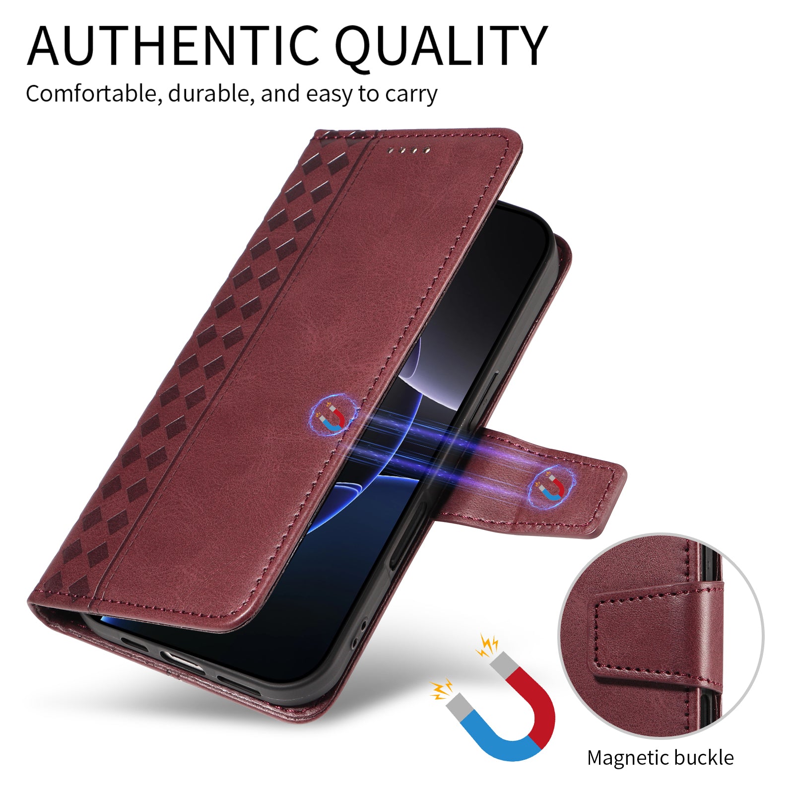 For-Samsung-Galaxy-S26-Edge-Leather-Case-Wallet-Stand-Grids-Imprinted-Phone-Cover-with-Strap-Wine-Red