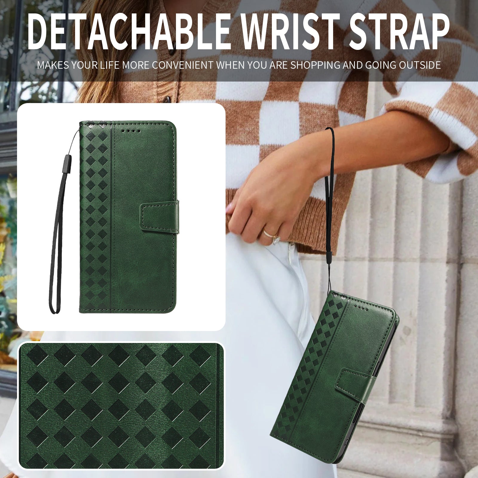 For-Samsung-Galaxy-S26-Edge-Leather-Case-Wallet-Stand-Grids-Imprinted-Phone-Cover-with-Strap-Green