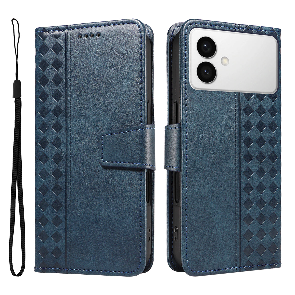 For-Samsung-Galaxy-S26-Edge-Leather-Case-Wallet-Stand-Grids-Imprinted-Phone-Cover-with-Strap-Blue