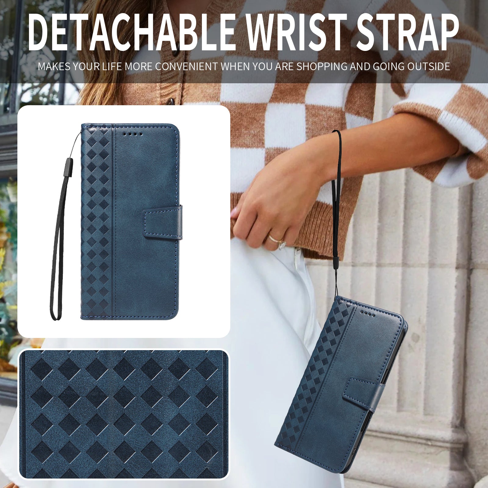 For-Samsung-Galaxy-S26-Edge-Leather-Case-Wallet-Stand-Grids-Imprinted-Phone-Cover-with-Strap-Blue