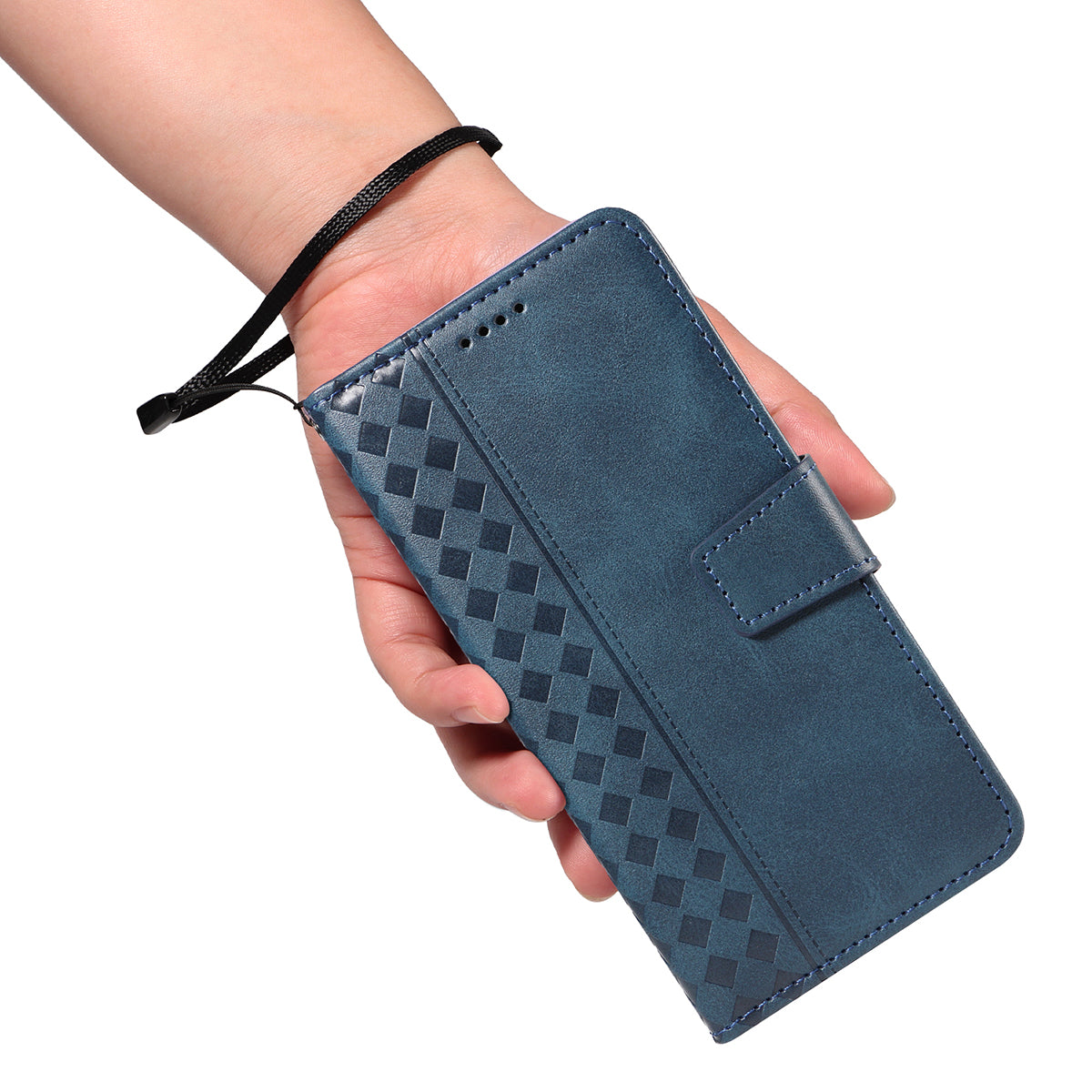 For-Samsung-Galaxy-S26-Edge-Leather-Case-Wallet-Stand-Grids-Imprinted-Phone-Cover-with-Strap-Blue