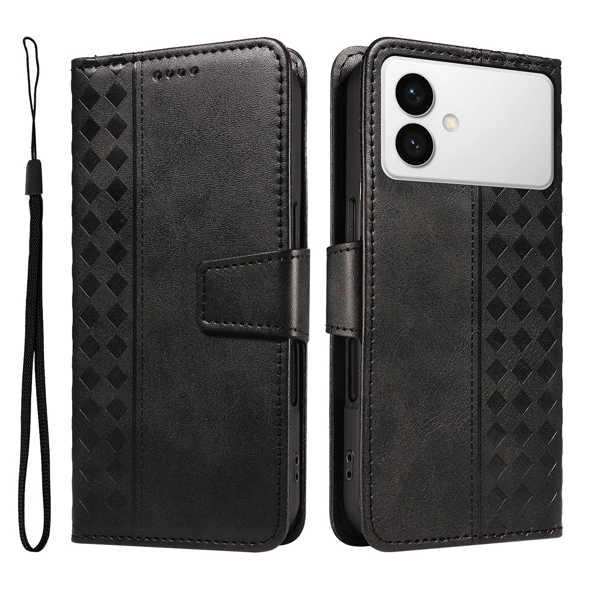 For-Samsung-Galaxy-S26-Edge-Leather-Case-Wallet-Stand-Grids-Imprinted-Phone-Cover-with-Strap-Black