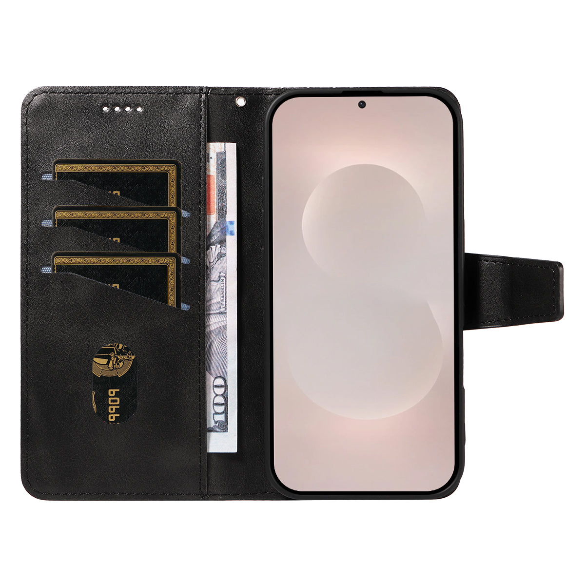 For-Samsung-Galaxy-S26-Edge-Leather-Case-Wallet-Stand-Grids-Imprinted-Phone-Cover-with-Strap-Black