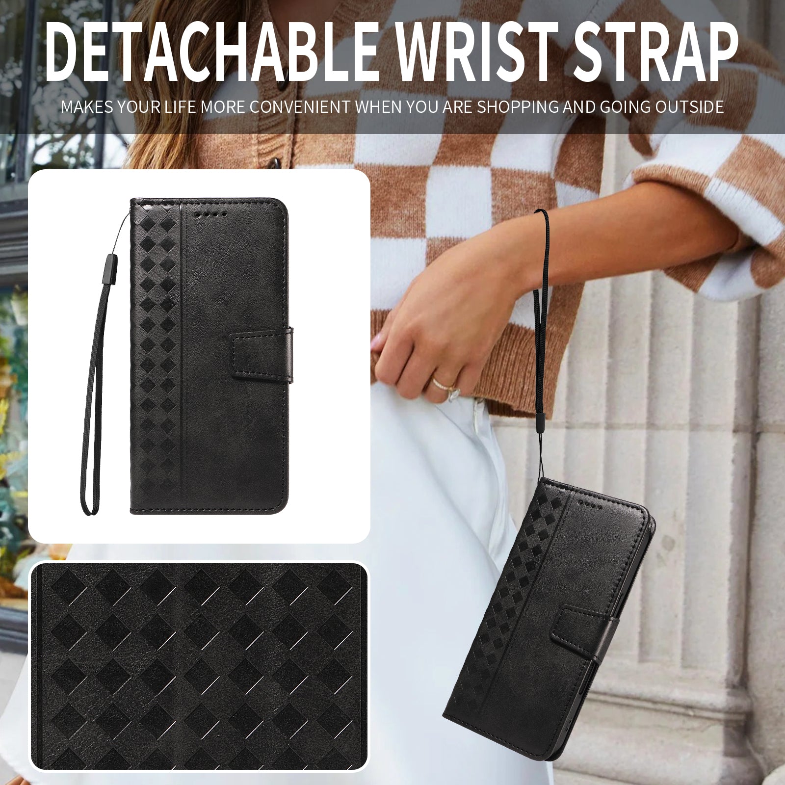 For-Samsung-Galaxy-S26-Edge-Leather-Case-Wallet-Stand-Grids-Imprinted-Phone-Cover-with-Strap-Black