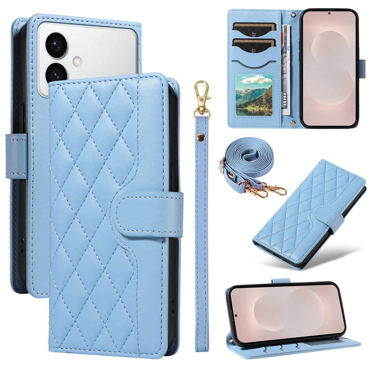 For-Samsung-Galaxy-S26-Edge-Wallet-Case-Rhombus-Leather-Phone-Cover-with-Strap-Blue