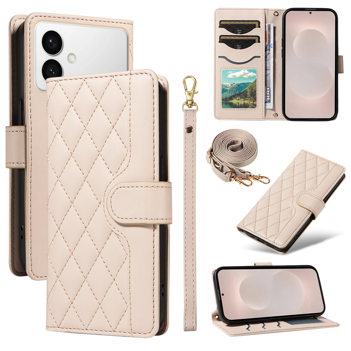 For-Samsung-Galaxy-S26-Edge-Wallet-Case-Rhombus-Leather-Phone-Cover-with-Strap-Apricot