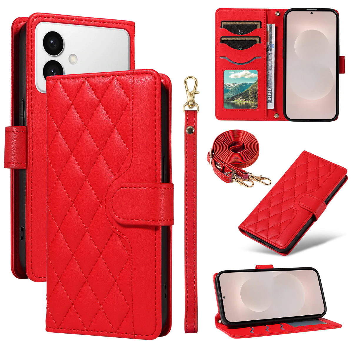 For-Samsung-Galaxy-S26-Edge-Wallet-Case-Rhombus-Leather-Phone-Cover-with-Strap-Red