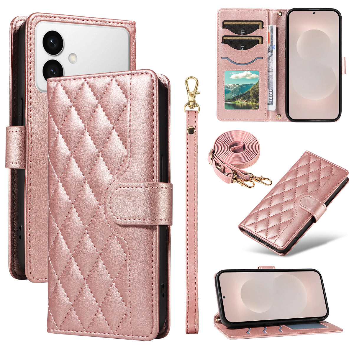 For-Samsung-Galaxy-S26-Edge-Wallet-Case-Rhombus-Leather-Phone-Cover-with-Strap-Rose-Gold