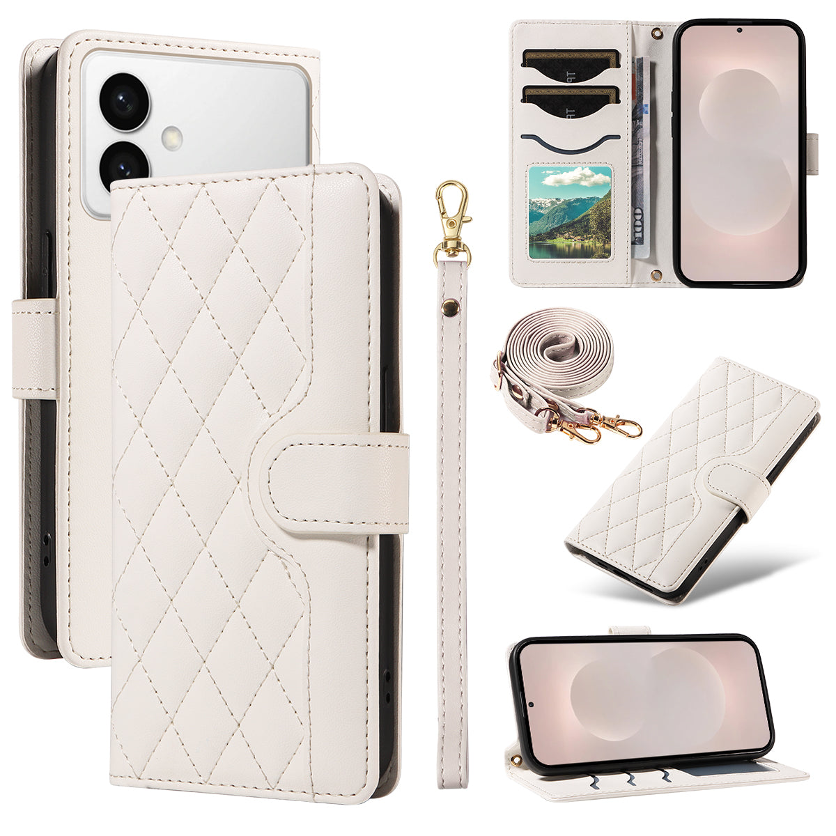 For-Samsung-Galaxy-S26-Edge-Wallet-Case-Rhombus-Leather-Phone-Cover-with-Strap-White