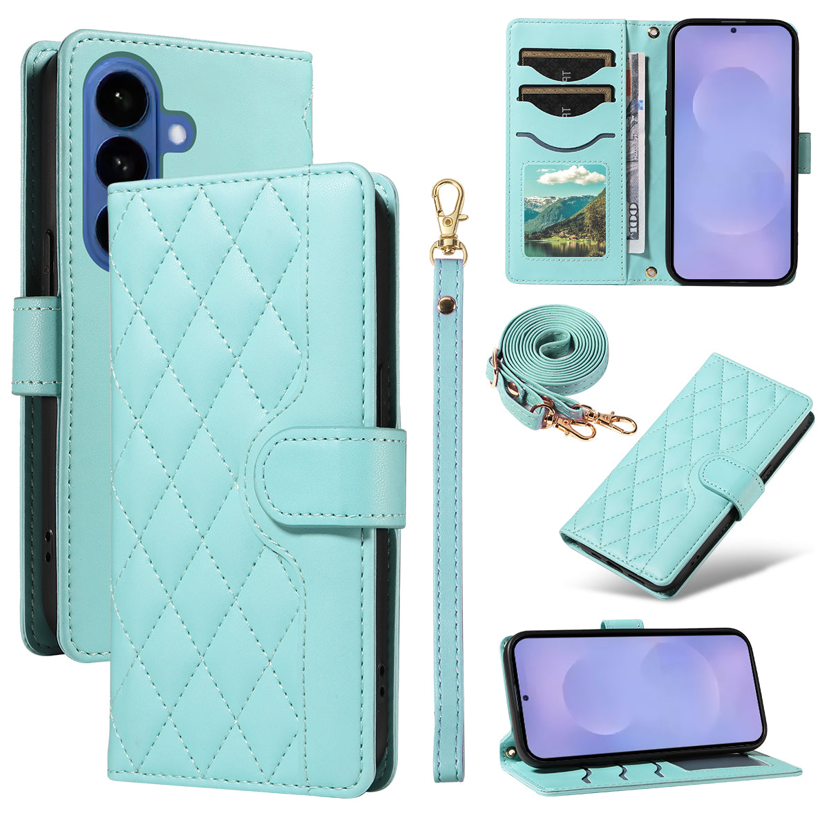 For-Samsung-Galaxy-S26-/-S26-Pro-Wallet-Case-Rhombus-Leather-Phone-Cover-with-Strap-Green