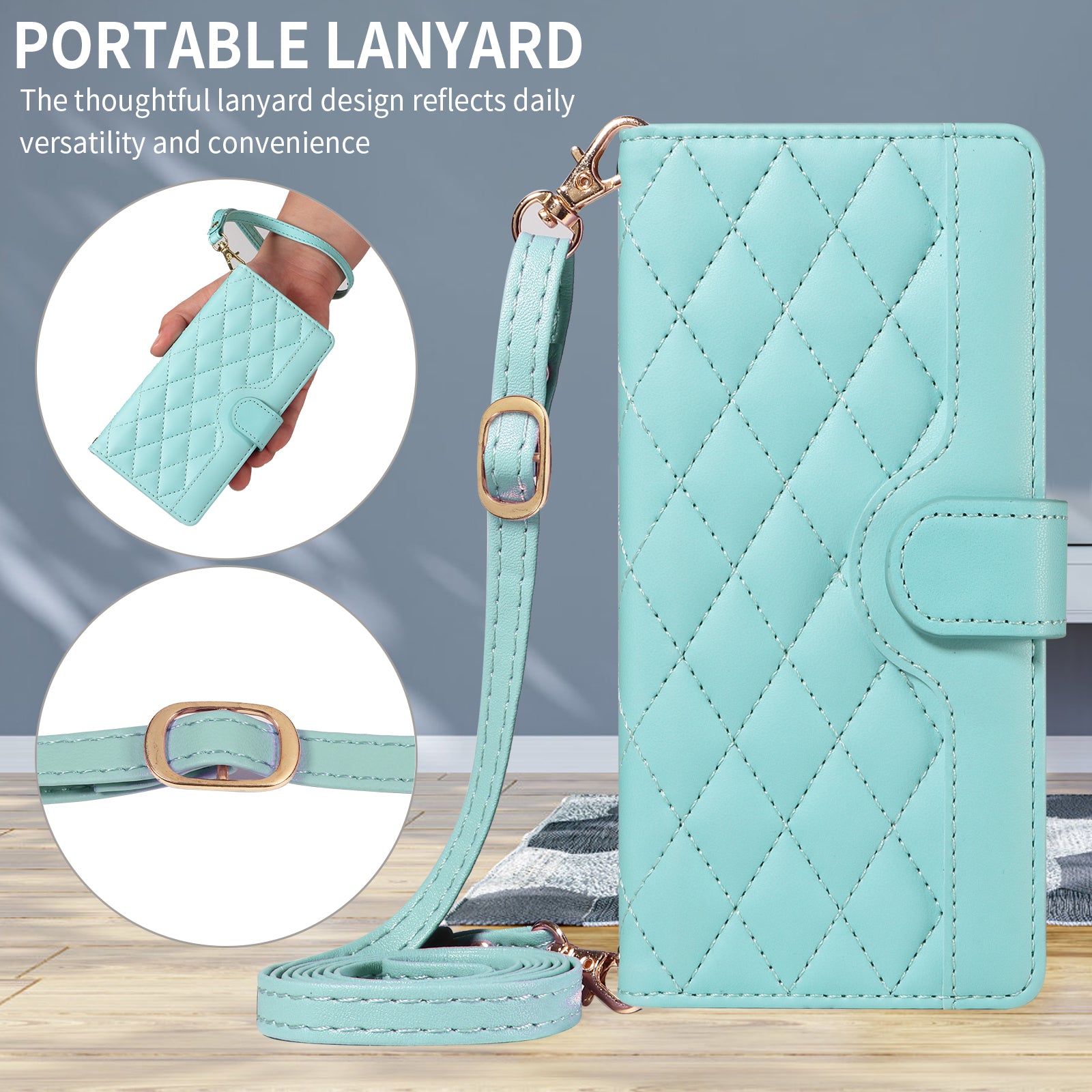 For-Samsung-Galaxy-S26-/-S26-Pro-Wallet-Case-Rhombus-Leather-Phone-Cover-with-Strap-Green