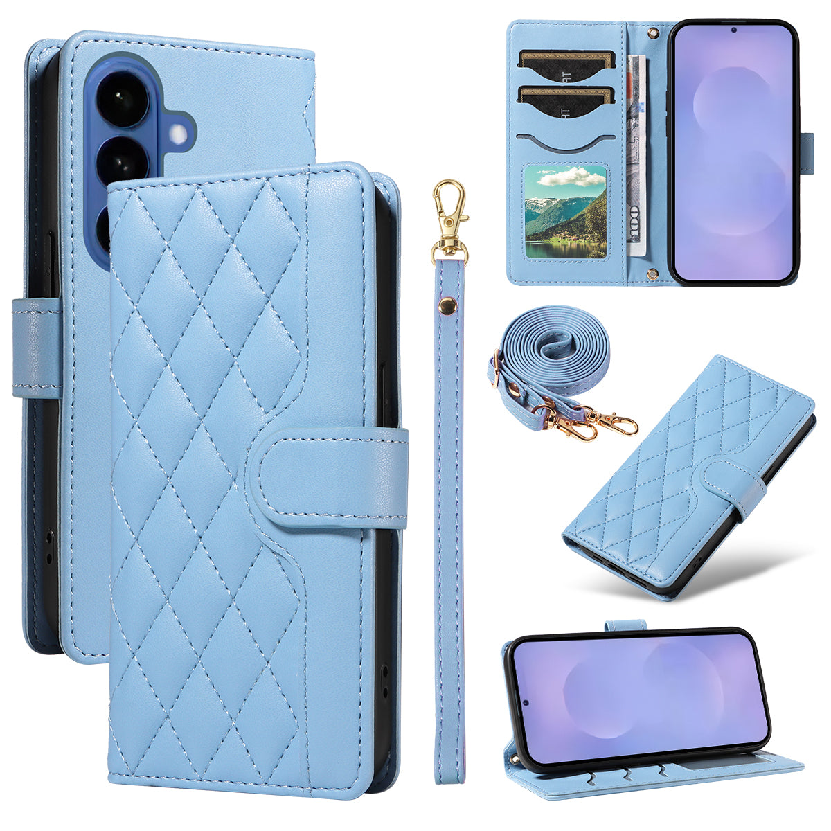 For-Samsung-Galaxy-S26-/-S26-Pro-Wallet-Case-Rhombus-Leather-Phone-Cover-with-Strap-Blue