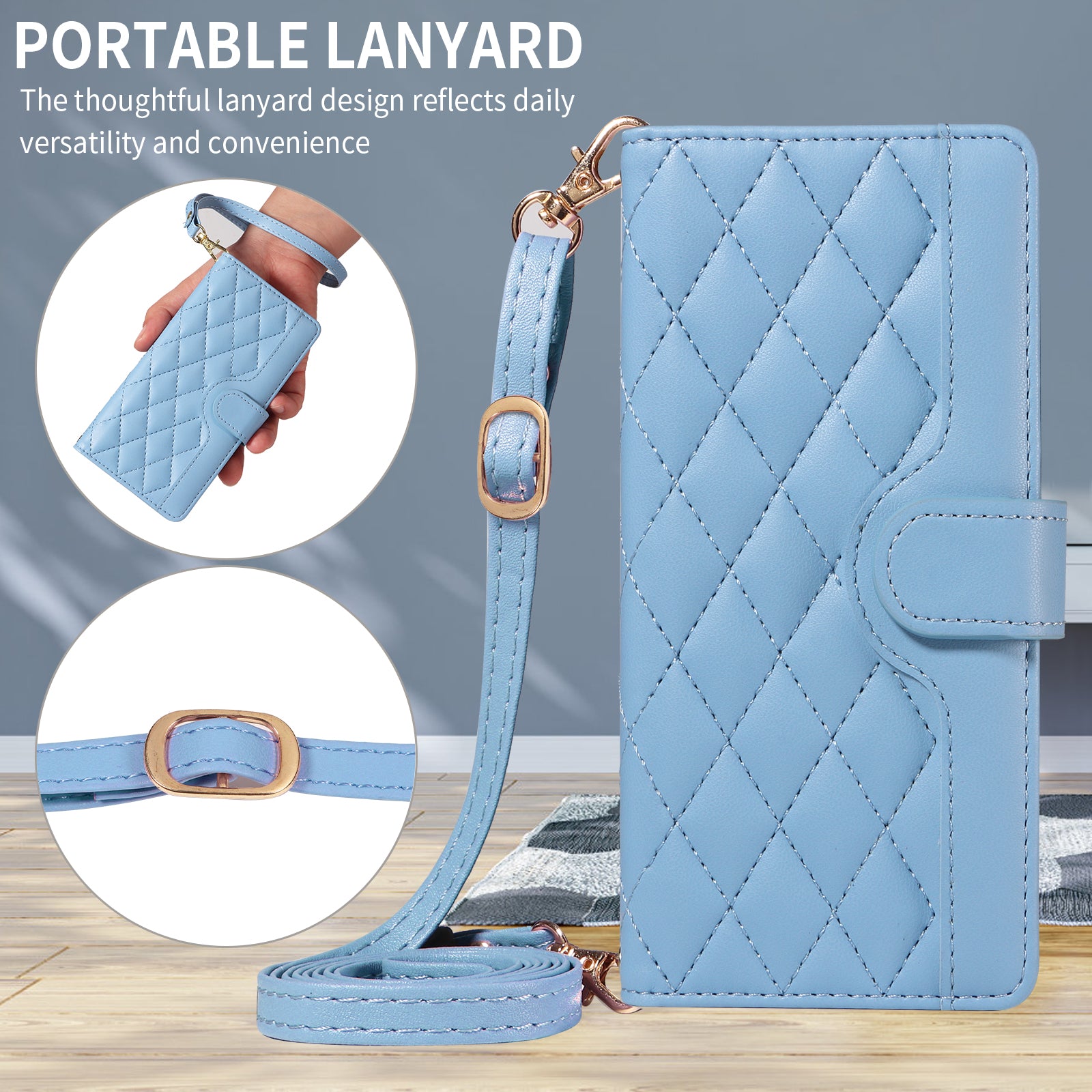 For-Samsung-Galaxy-S26-/-S26-Pro-Wallet-Case-Rhombus-Leather-Phone-Cover-with-Strap-Blue