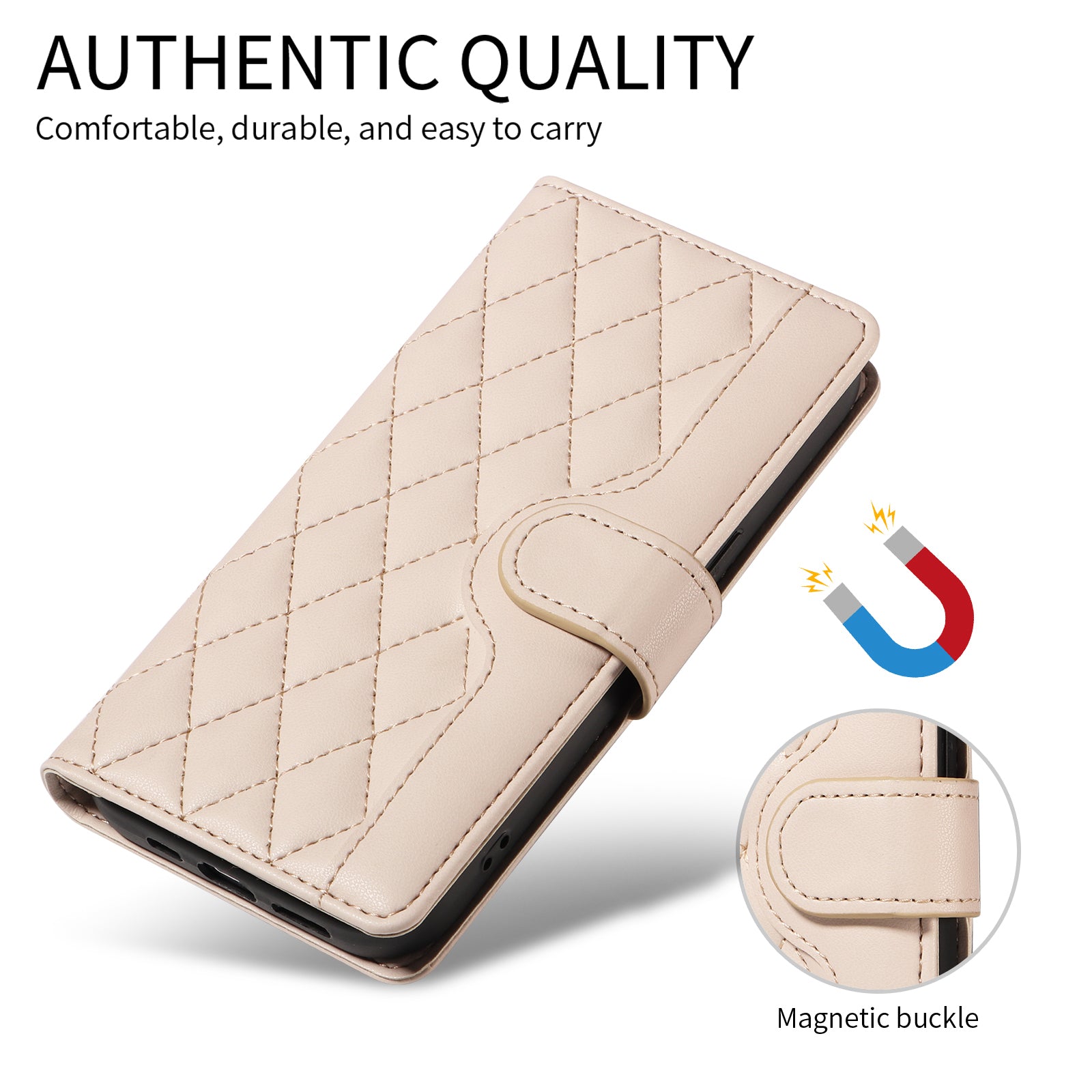 For-Samsung-Galaxy-S26-/-S26-Pro-Wallet-Case-Rhombus-Leather-Phone-Cover-with-Strap-Apricot