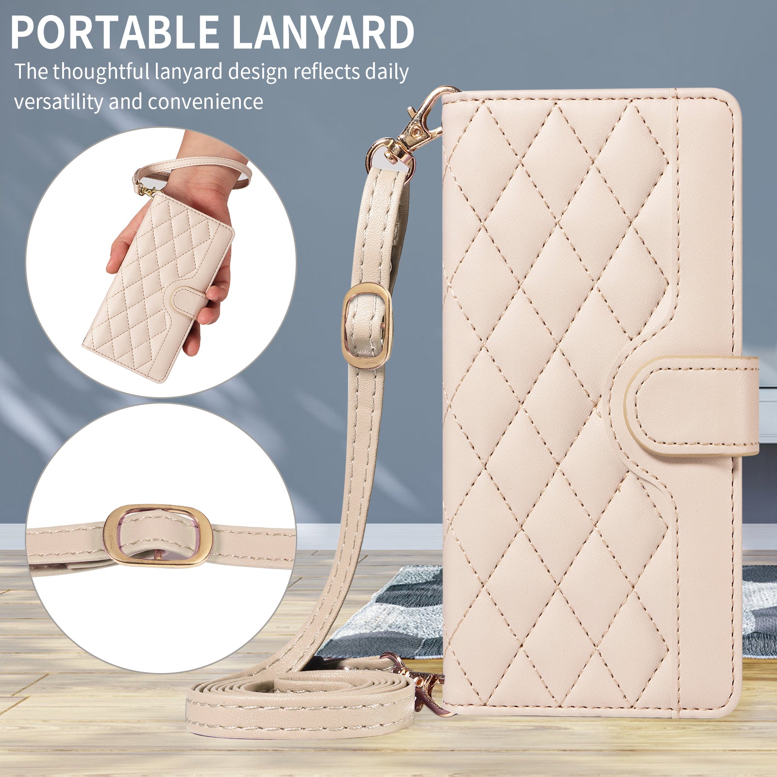 For-Samsung-Galaxy-S26-/-S26-Pro-Wallet-Case-Rhombus-Leather-Phone-Cover-with-Strap-Apricot