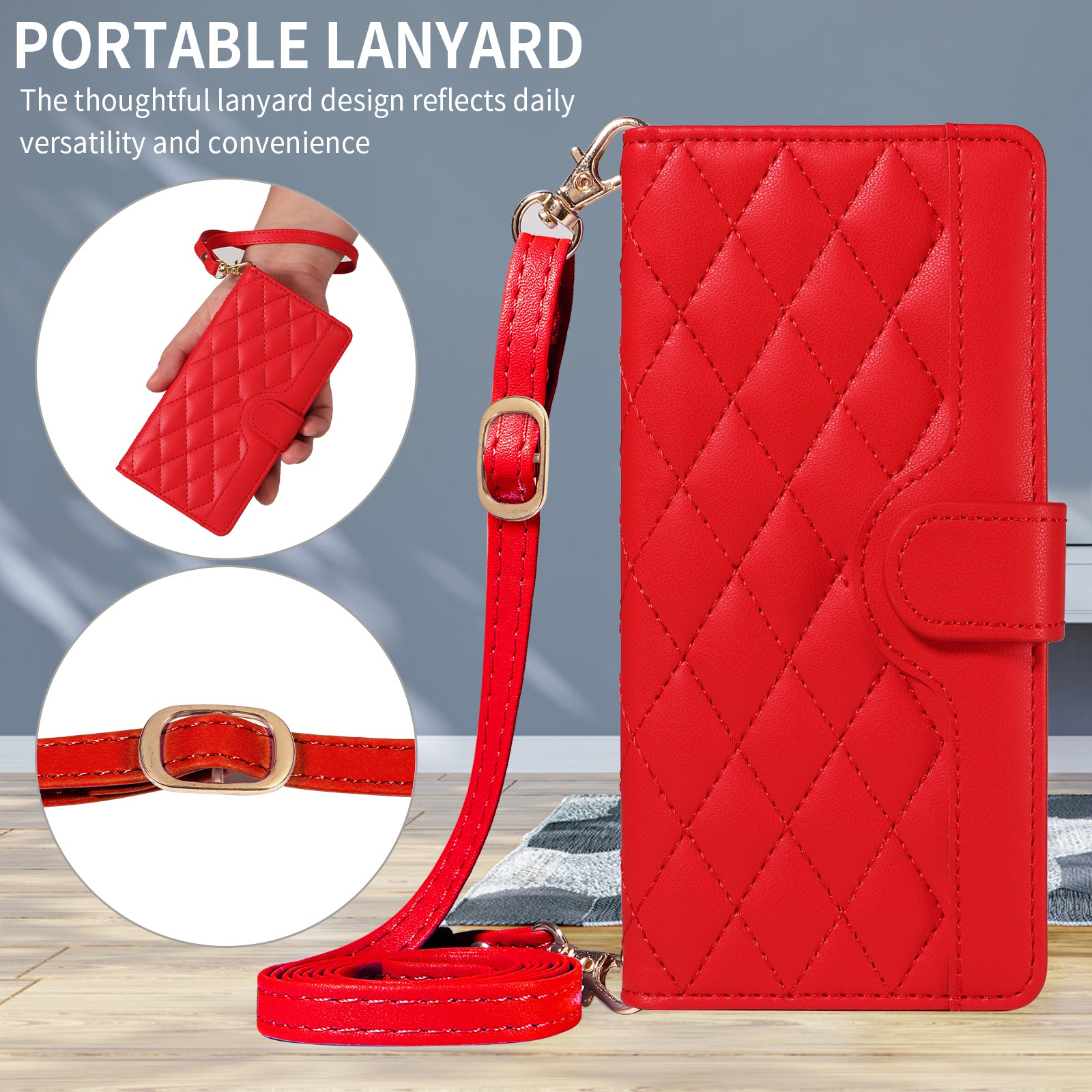 For-Samsung-Galaxy-S26-/-S26-Pro-Wallet-Case-Rhombus-Leather-Phone-Cover-with-Strap-Red