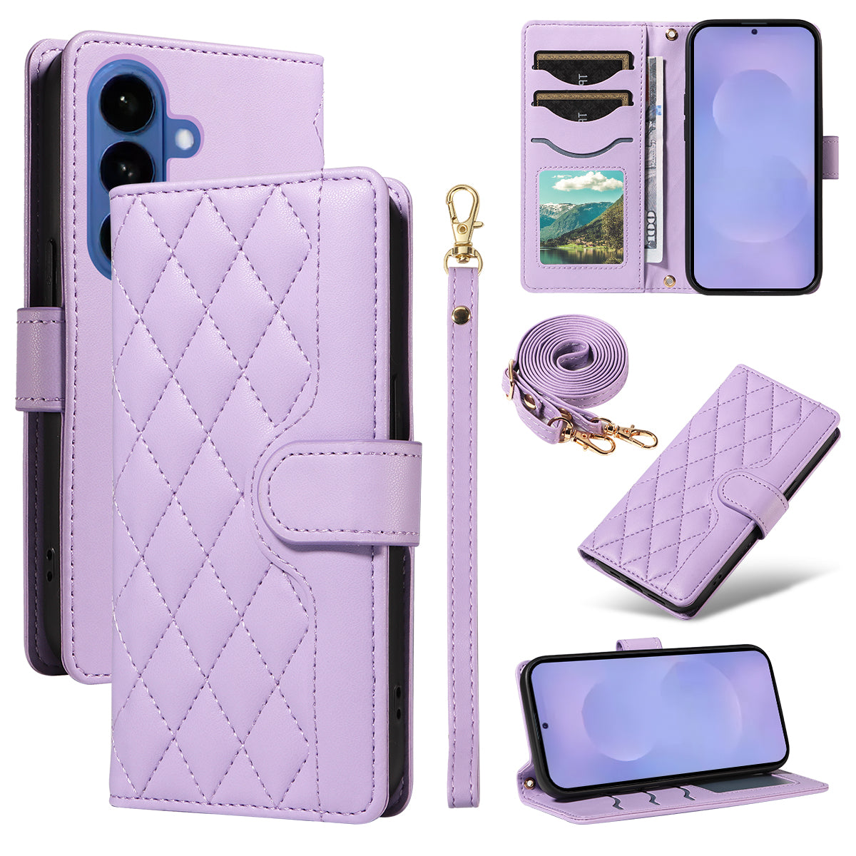 For-Samsung-Galaxy-S26-/-S26-Pro-Wallet-Case-Rhombus-Leather-Phone-Cover-with-Strap-Light-Purple