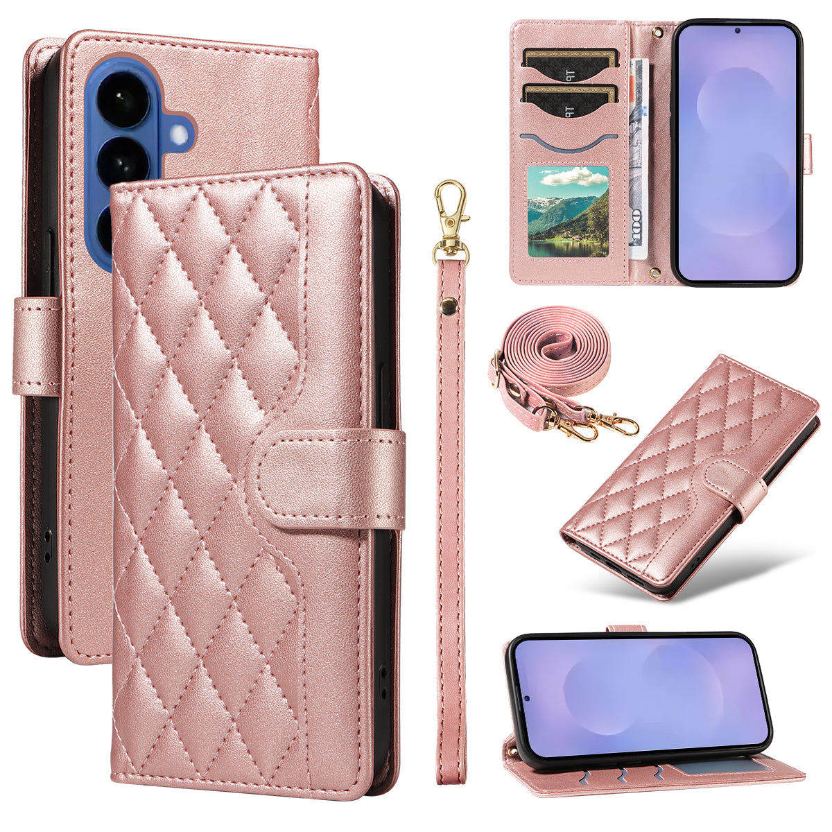 For-Samsung-Galaxy-S26-/-S26-Pro-Wallet-Case-Rhombus-Leather-Phone-Cover-with-Strap-Rose-Gold