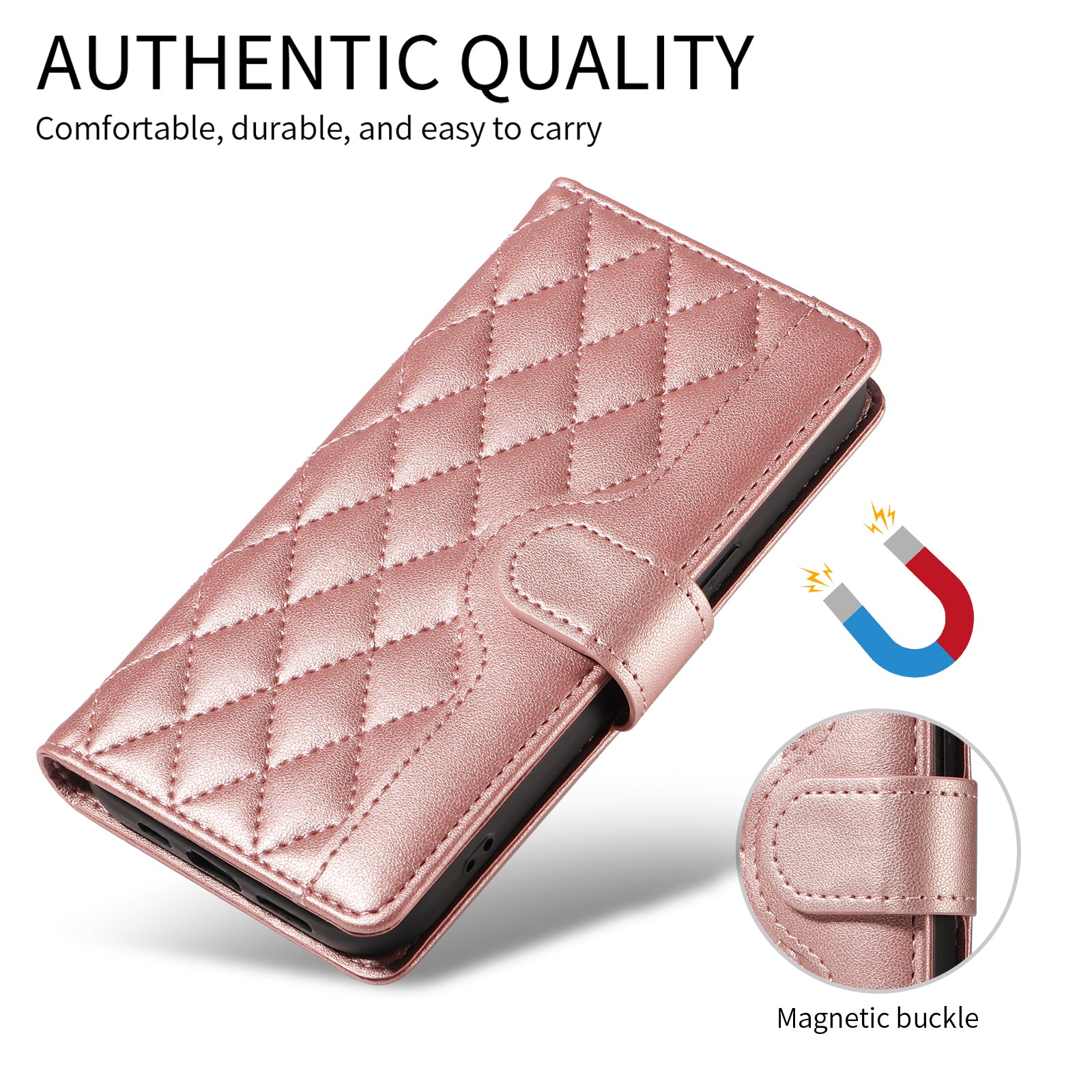 For-Samsung-Galaxy-S26-/-S26-Pro-Wallet-Case-Rhombus-Leather-Phone-Cover-with-Strap-Rose-Gold