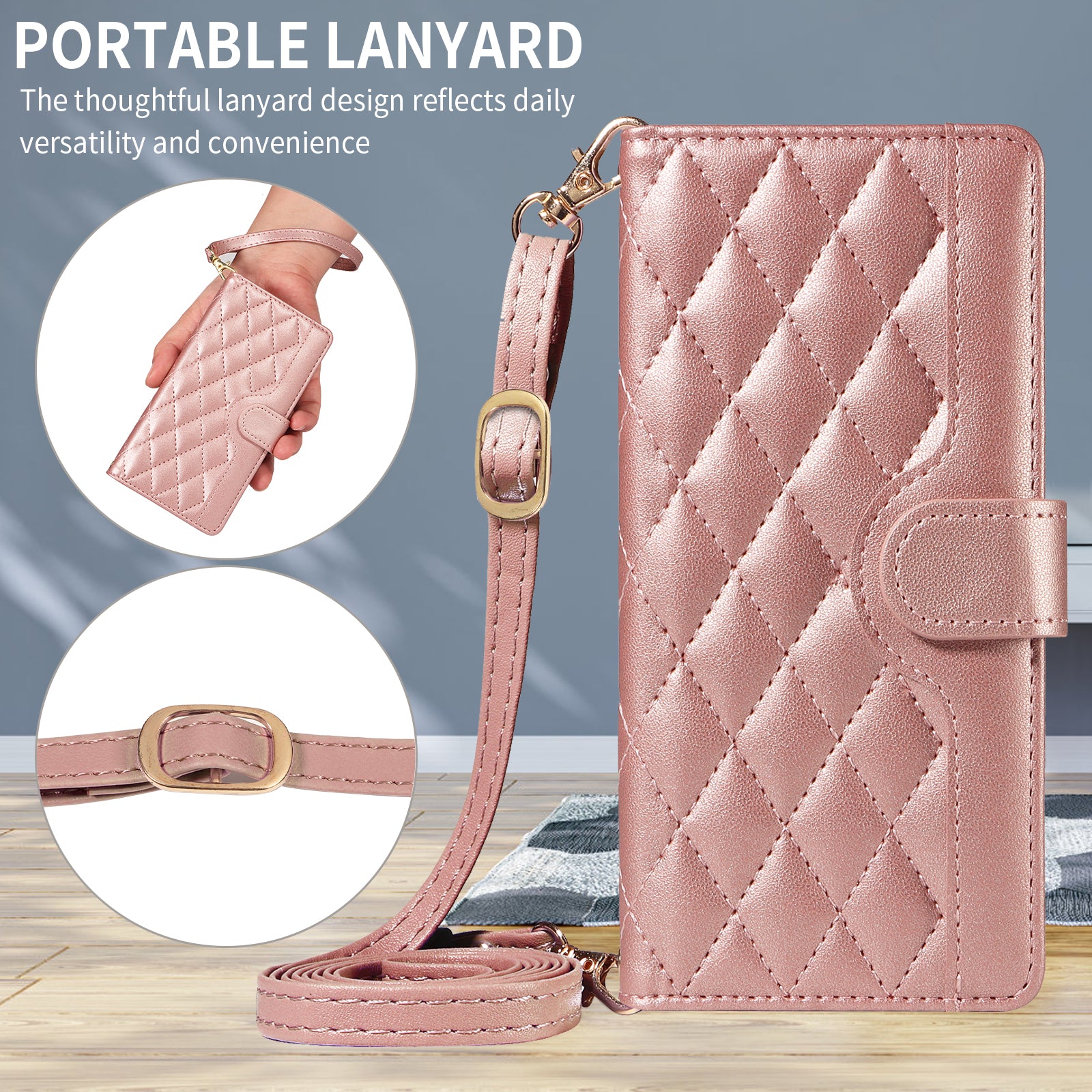 For-Samsung-Galaxy-S26-/-S26-Pro-Wallet-Case-Rhombus-Leather-Phone-Cover-with-Strap-Rose-Gold