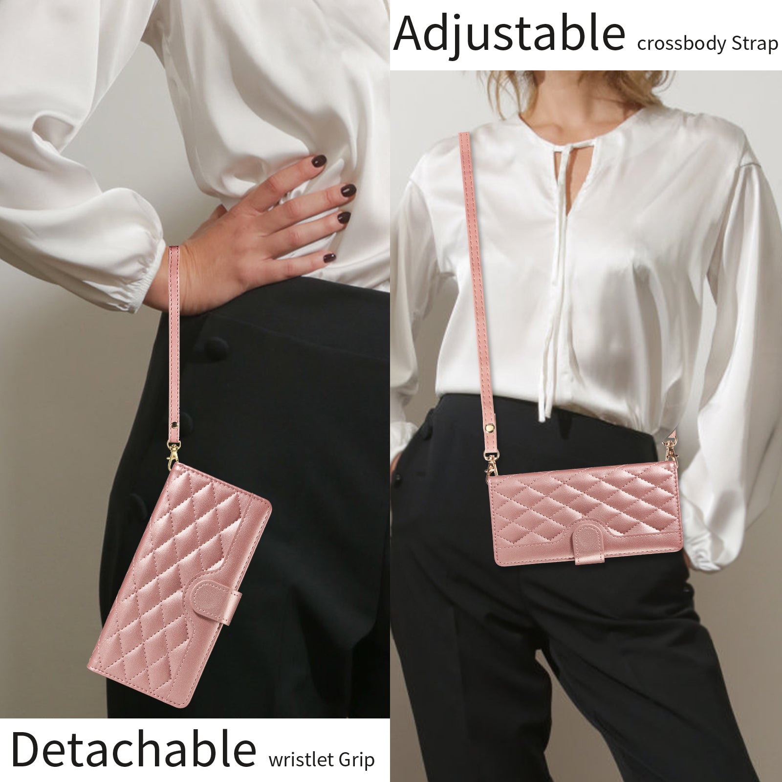 For-Samsung-Galaxy-S26-/-S26-Pro-Wallet-Case-Rhombus-Leather-Phone-Cover-with-Strap-Rose-Gold