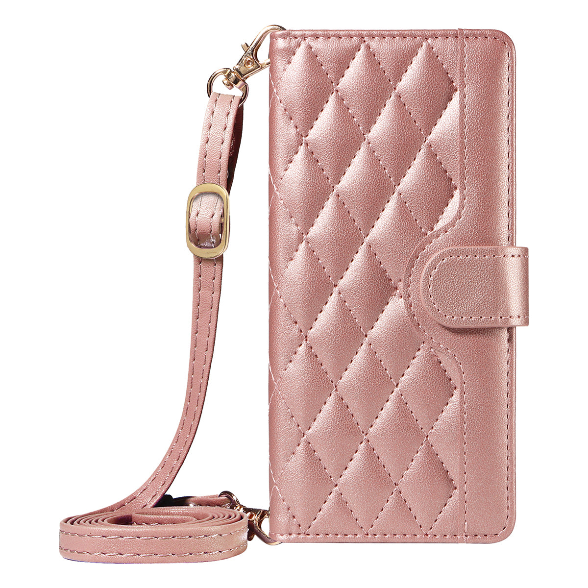 For-Samsung-Galaxy-S26-/-S26-Pro-Wallet-Case-Rhombus-Leather-Phone-Cover-with-Strap-Rose-Gold