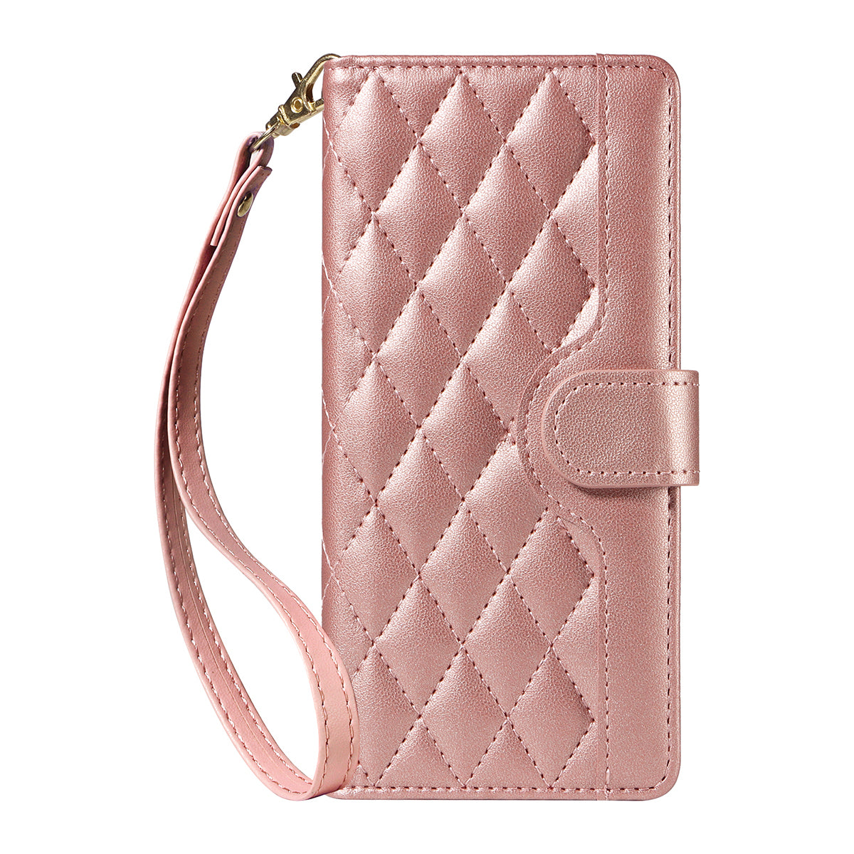 For-Samsung-Galaxy-S26-/-S26-Pro-Wallet-Case-Rhombus-Leather-Phone-Cover-with-Strap-Rose-Gold