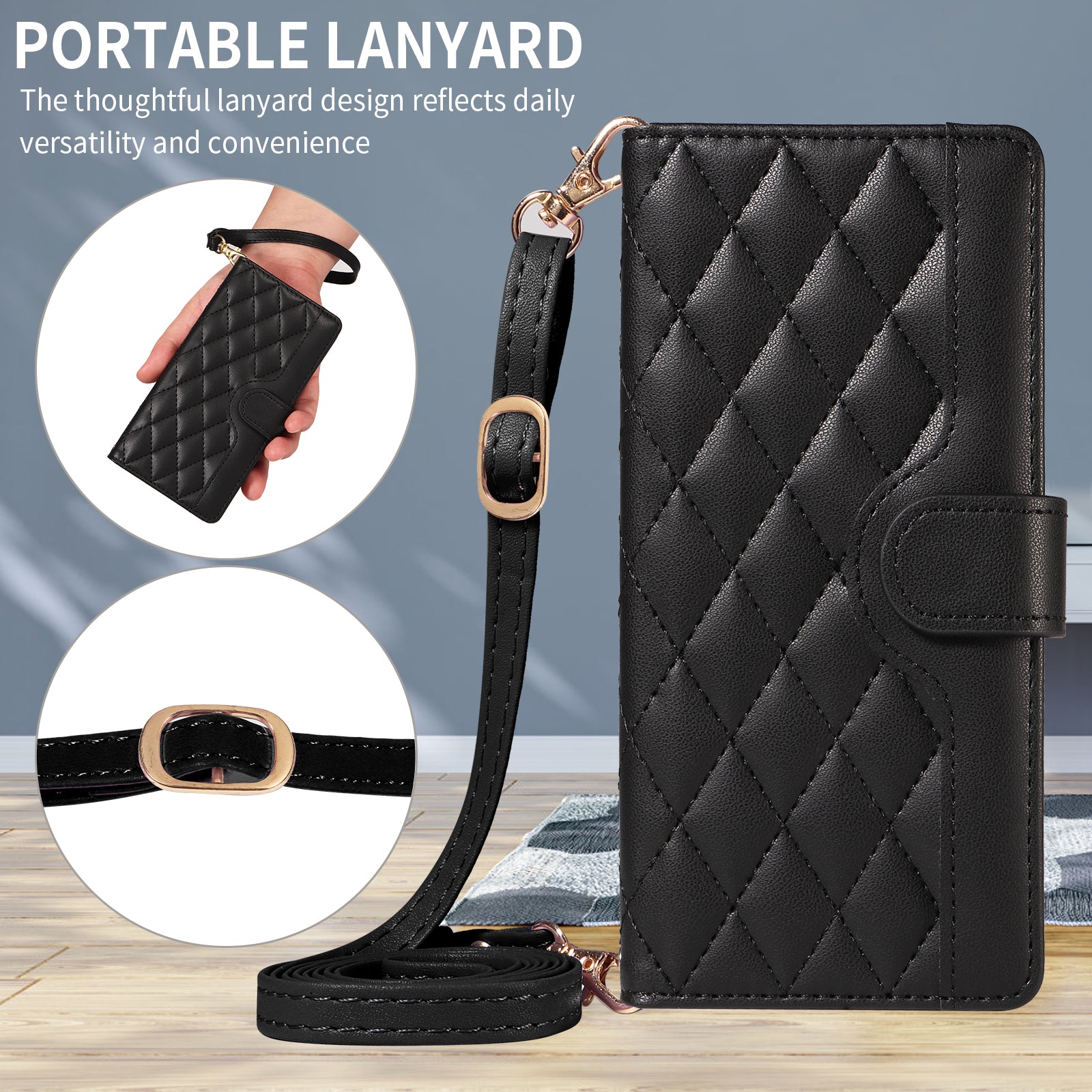 For-Samsung-Galaxy-S26-/-S26-Pro-Wallet-Case-Rhombus-Leather-Phone-Cover-with-Strap-Black