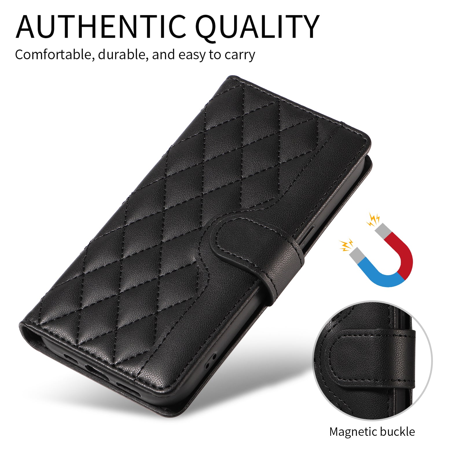 For-Samsung-Galaxy-S26-/-S26-Pro-Wallet-Case-Rhombus-Leather-Phone-Cover-with-Strap-Black