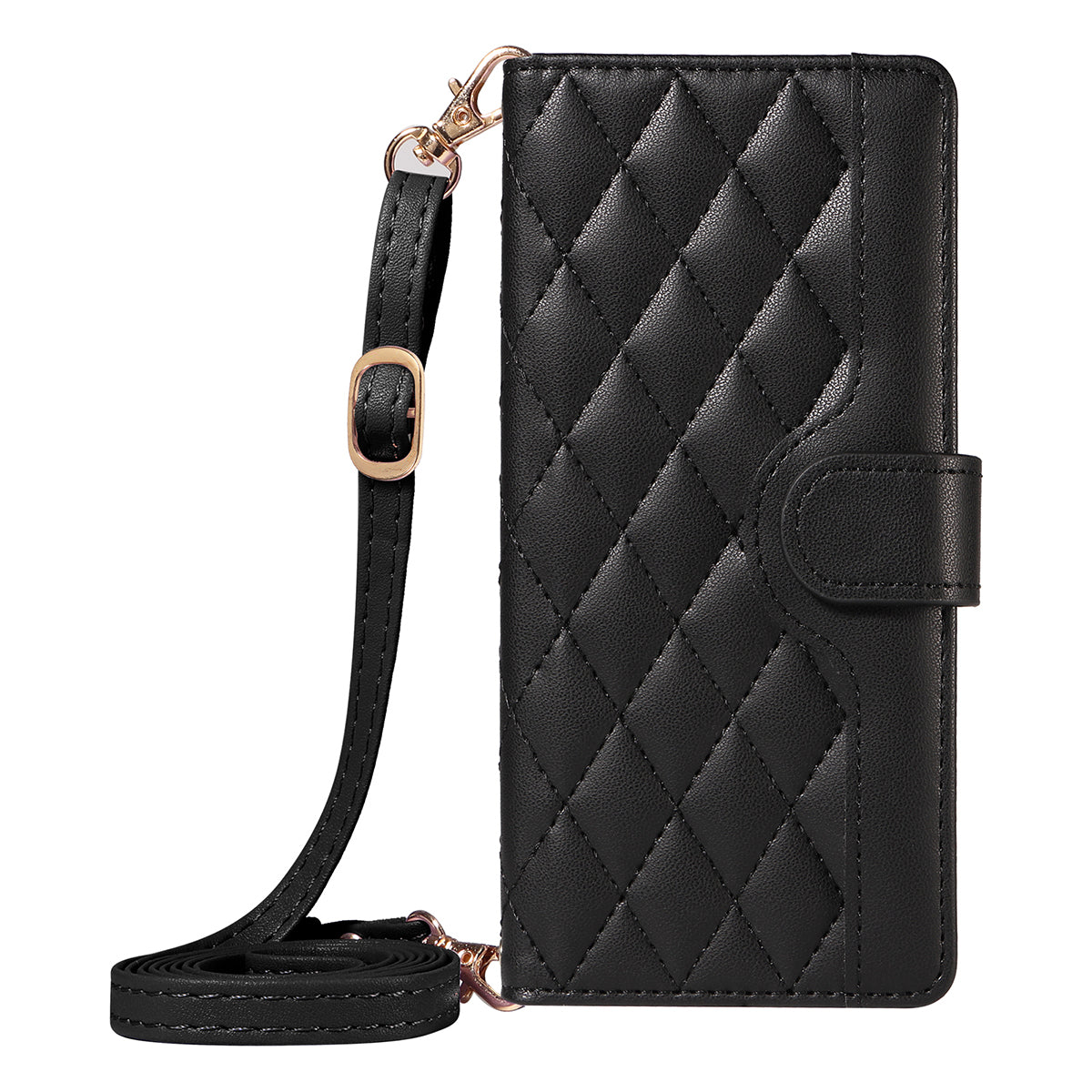For-Samsung-Galaxy-S26-/-S26-Pro-Wallet-Case-Rhombus-Leather-Phone-Cover-with-Strap-Black