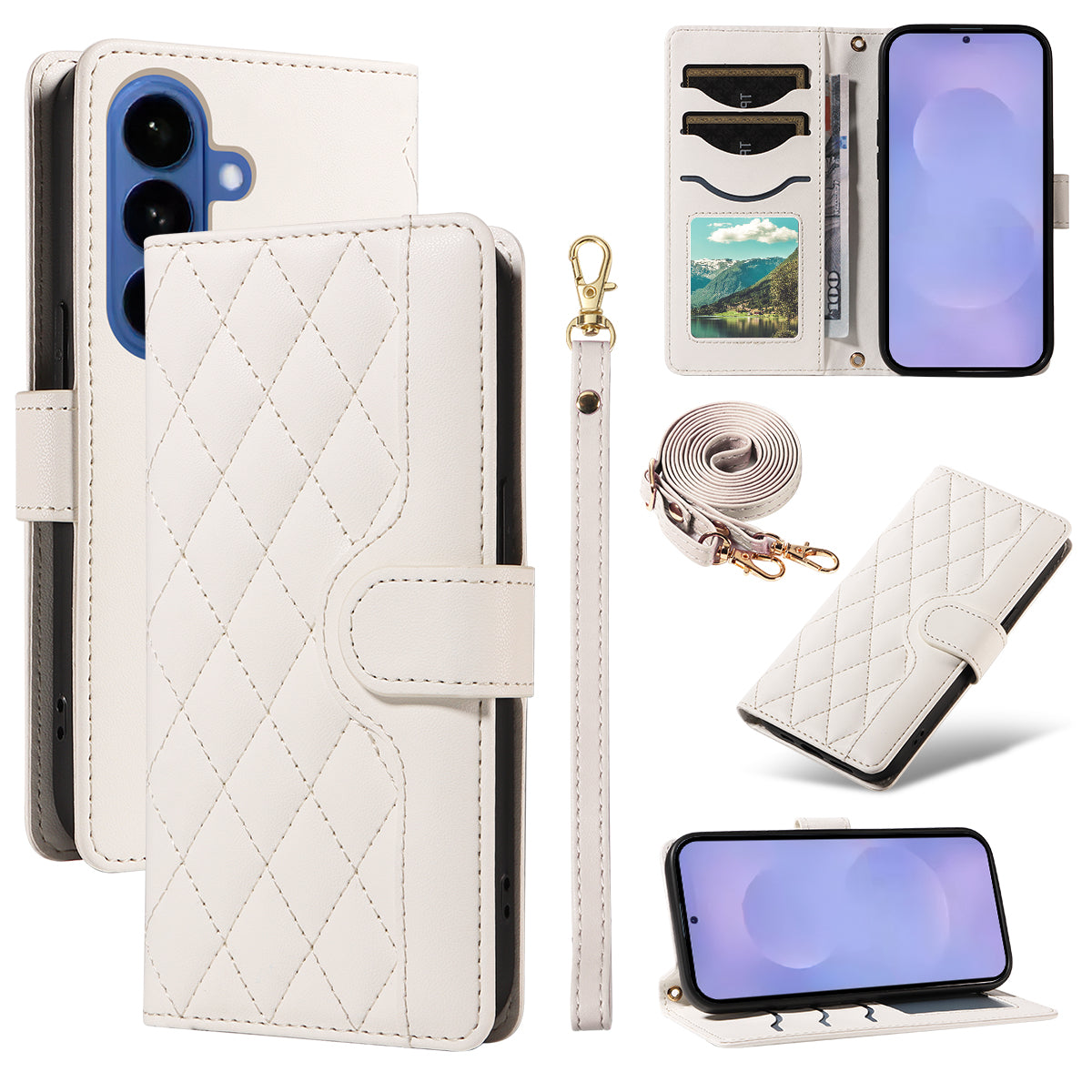 For-Samsung-Galaxy-S26-/-S26-Pro-Wallet-Case-Rhombus-Leather-Phone-Cover-with-Strap-White