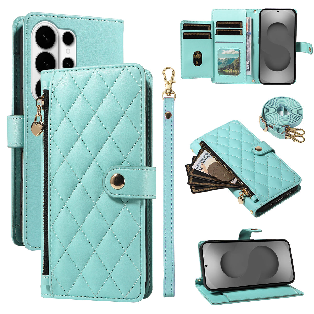For-Samsung-Galaxy-S26-Ultra-Wallet-Case-with-Straps,-Rhombus-Leather-Stand-Phone-Cover-Light-Green