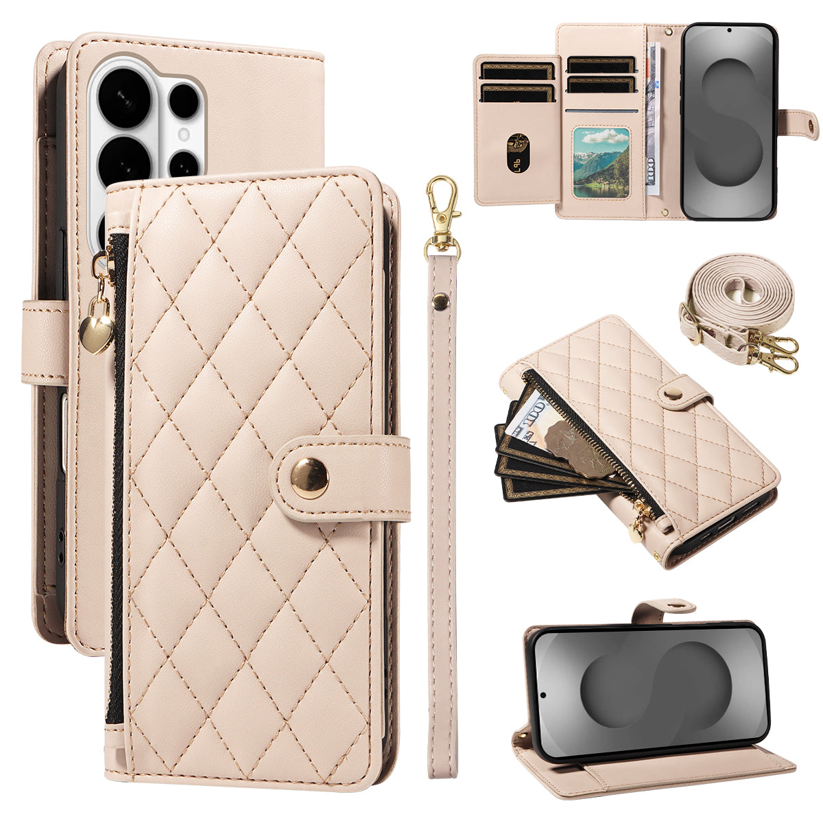 For-Samsung-Galaxy-S26-Ultra-Wallet-Case-with-Straps,-Rhombus-Leather-Stand-Phone-Cover-Beige