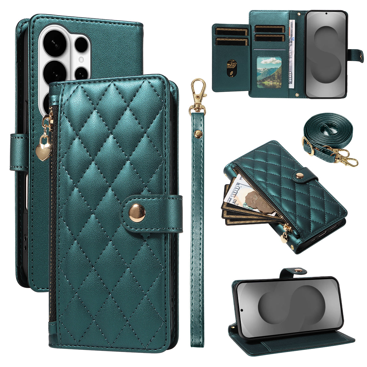 For-Samsung-Galaxy-S26-Ultra-Wallet-Case-with-Straps,-Rhombus-Leather-Stand-Phone-Cover-Blackish-Green