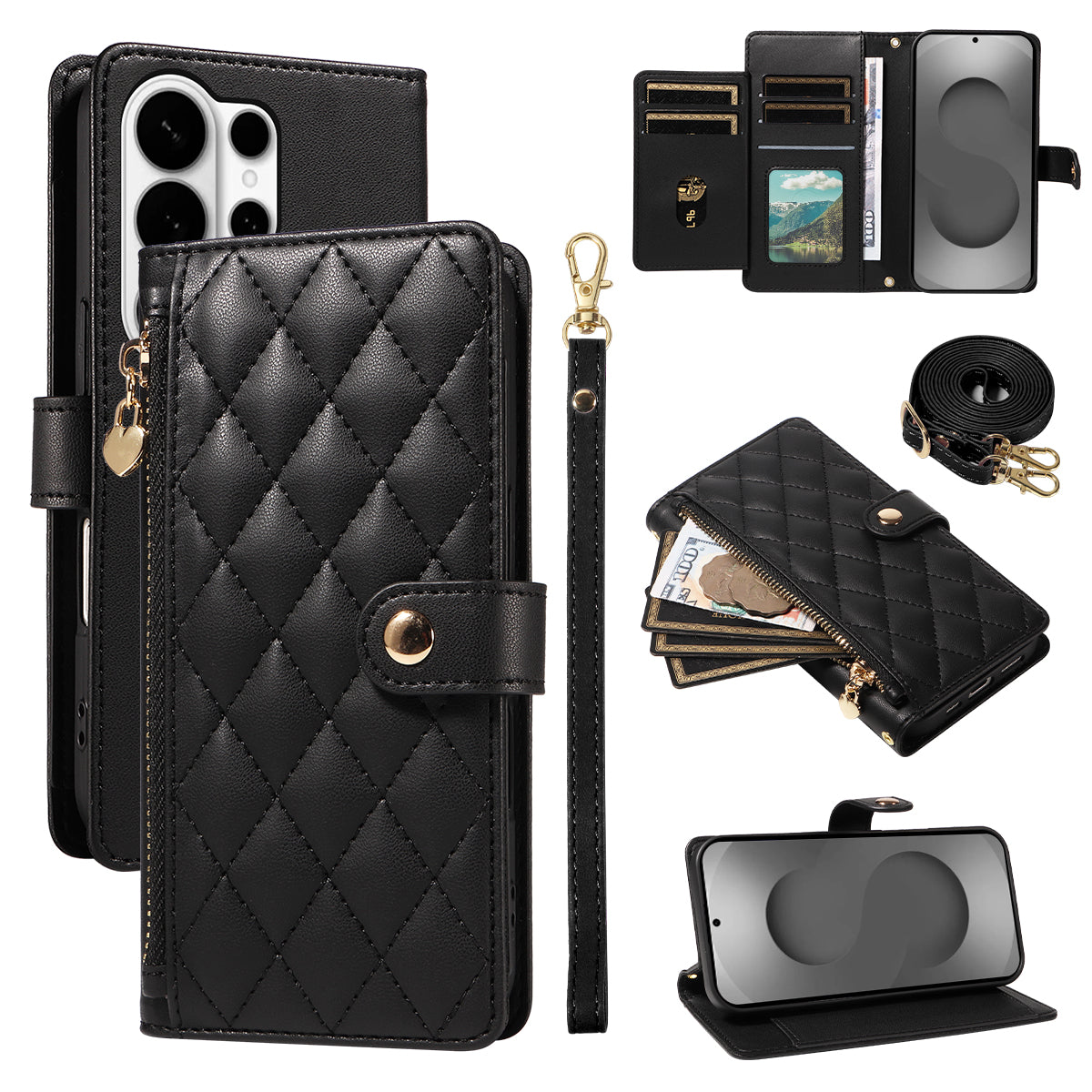 For-Samsung-Galaxy-S26-Ultra-Wallet-Case-with-Straps,-Rhombus-Leather-Stand-Phone-Cover-Black