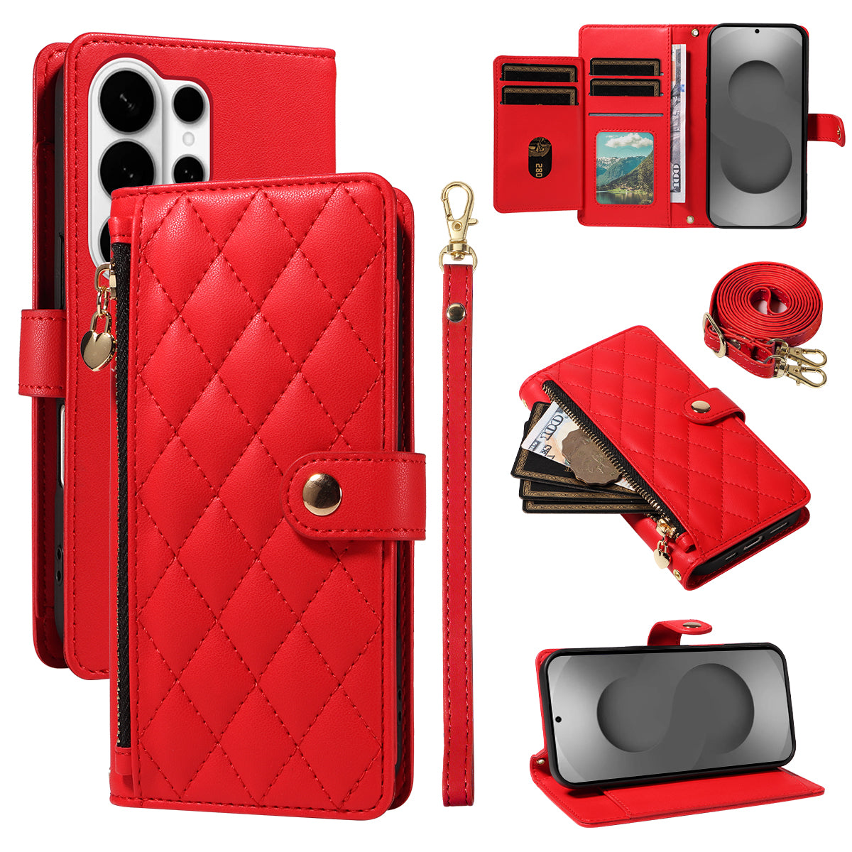 For-Samsung-Galaxy-S26-Ultra-Wallet-Case-with-Straps,-Rhombus-Leather-Stand-Phone-Cover-Red