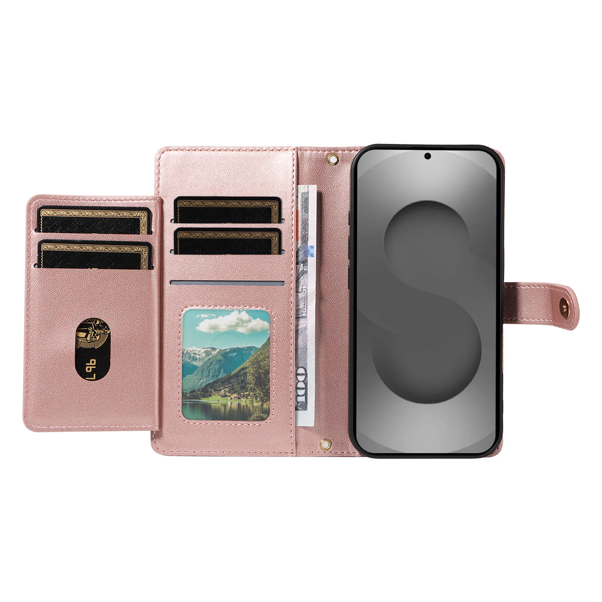 For-Samsung-Galaxy-S26-Ultra-Wallet-Case-with-Straps,-Rhombus-Leather-Stand-Phone-Cover-Rose-Gold