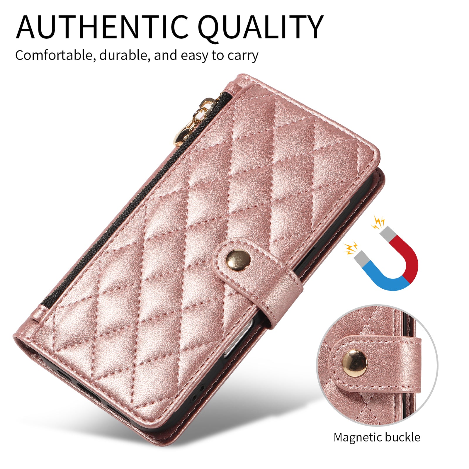 For-Samsung-Galaxy-S26-Ultra-Wallet-Case-with-Straps,-Rhombus-Leather-Stand-Phone-Cover-Rose-Gold