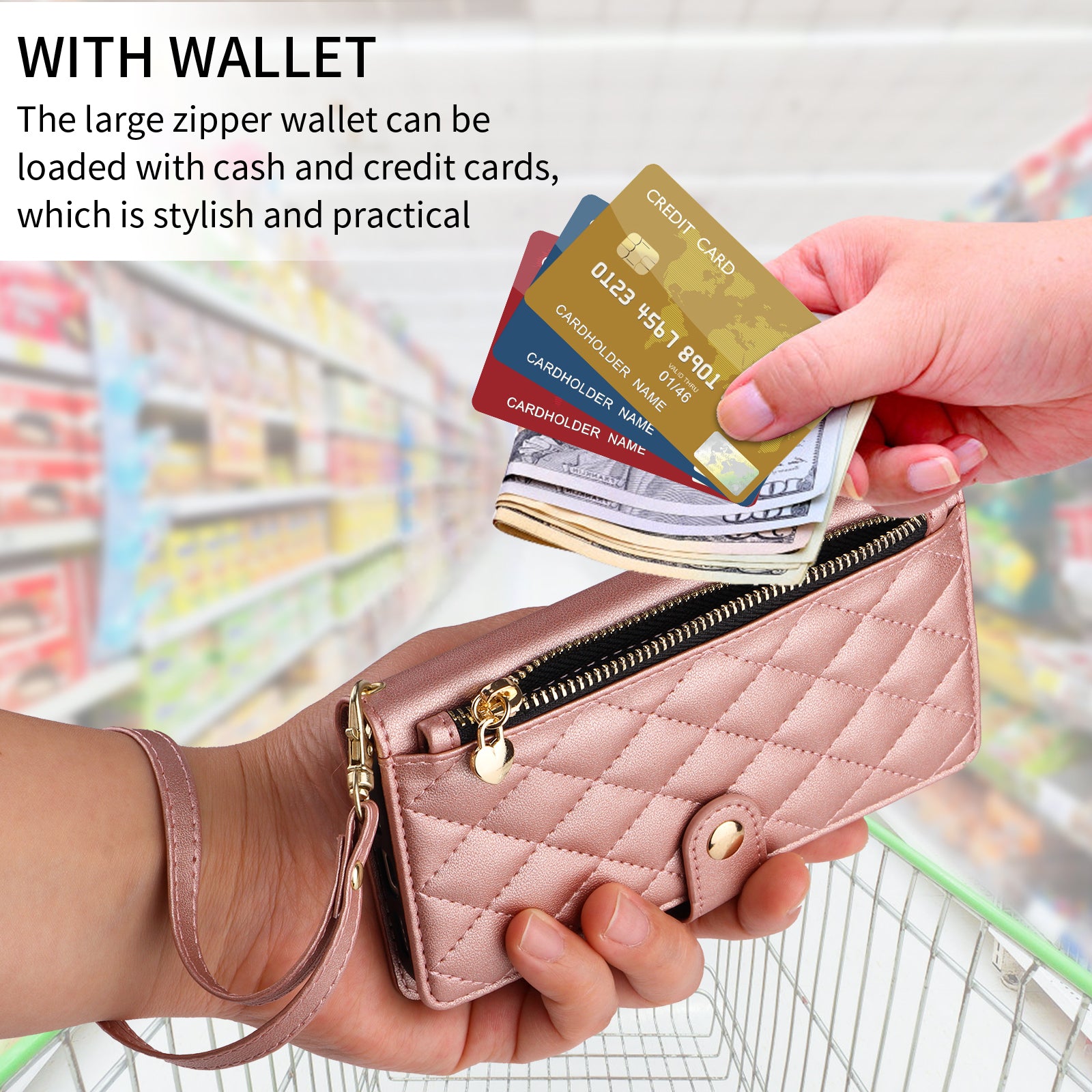 For-Samsung-Galaxy-S26-Ultra-Wallet-Case-with-Straps,-Rhombus-Leather-Stand-Phone-Cover-Rose-Gold