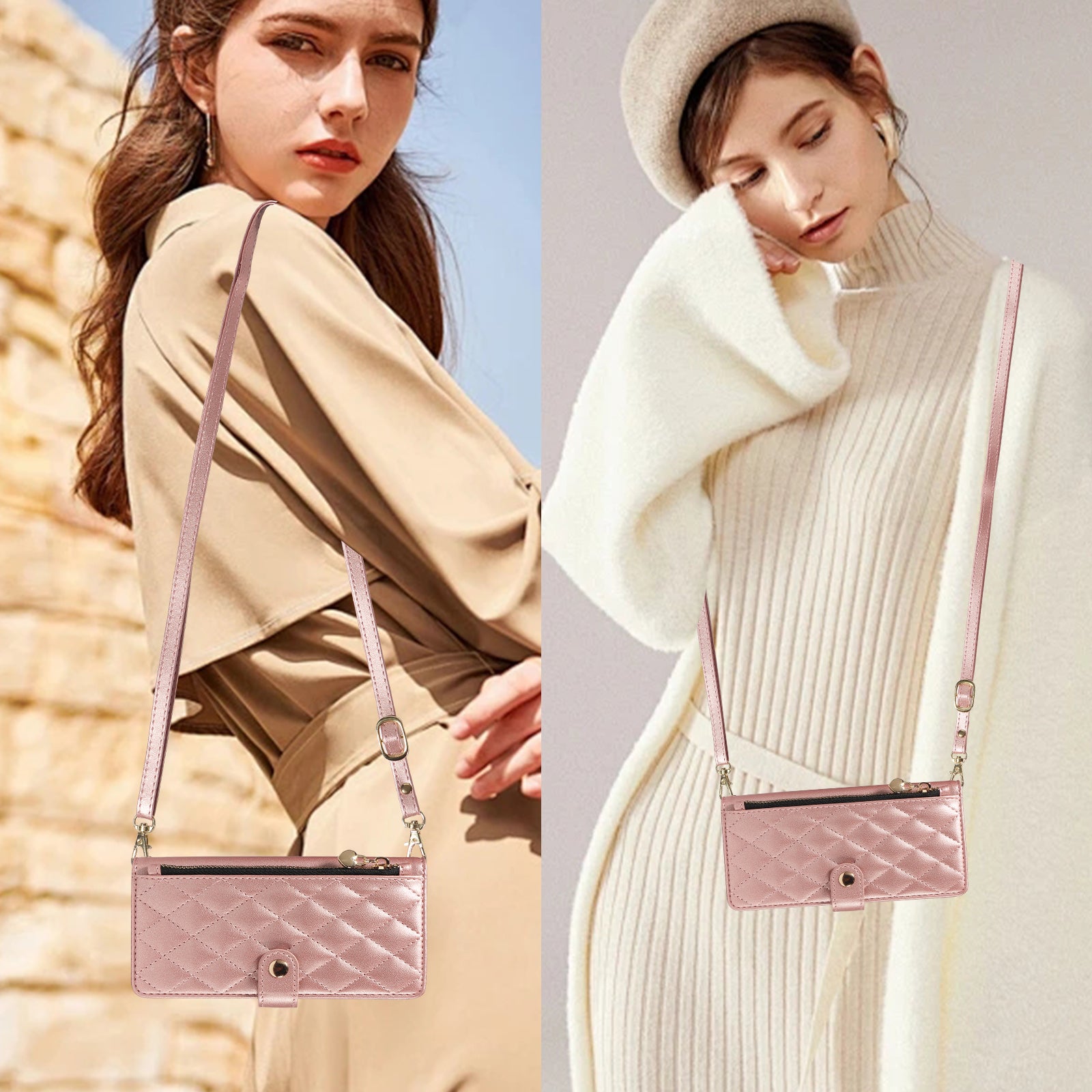 For-Samsung-Galaxy-S26-Ultra-Wallet-Case-with-Straps,-Rhombus-Leather-Stand-Phone-Cover-Rose-Gold