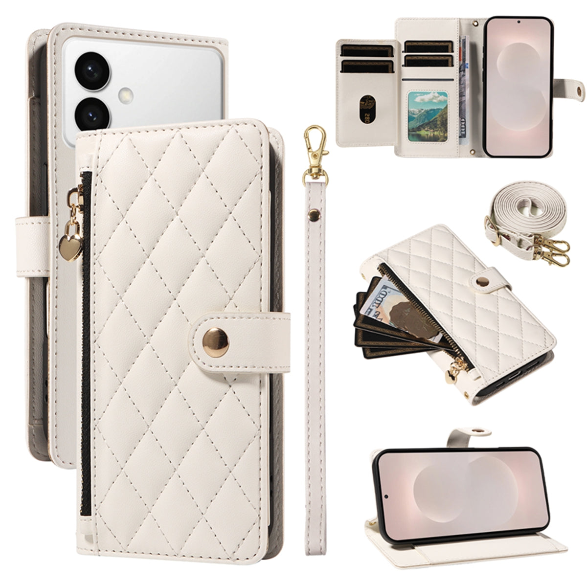 For-Samsung-Galaxy-S26-Edge-Wallet-Case-with-Straps,-Rhombus-Leather-Stand-Phone-Cover-White