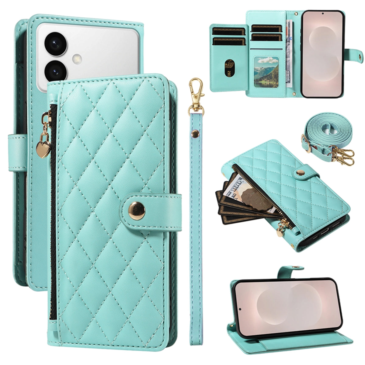 For-Samsung-Galaxy-S26-Edge-Wallet-Case-with-Straps,-Rhombus-Leather-Stand-Phone-Cover-Light-Green