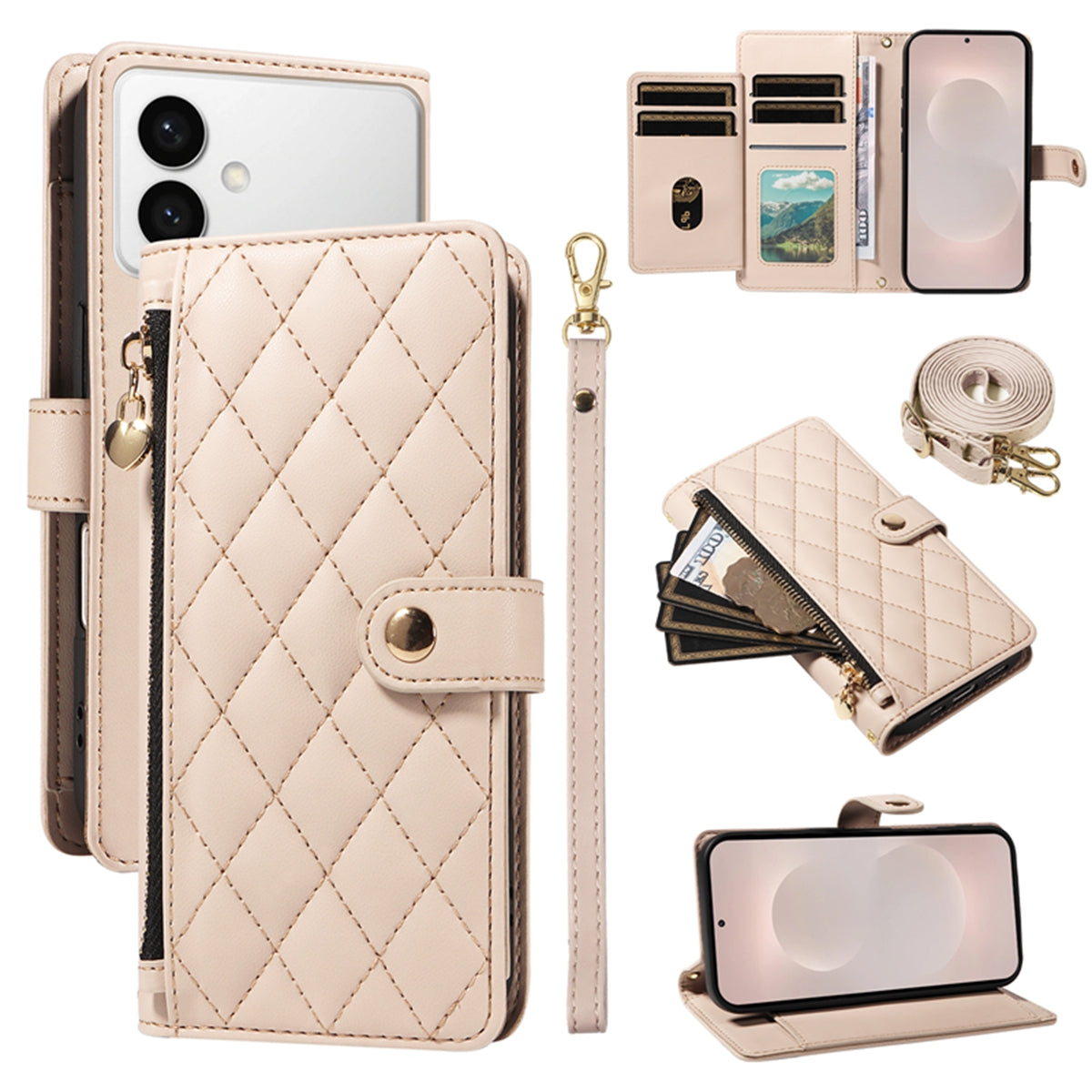 For-Samsung-Galaxy-S26-Edge-Wallet-Case-with-Straps,-Rhombus-Leather-Stand-Phone-Cover-Beige