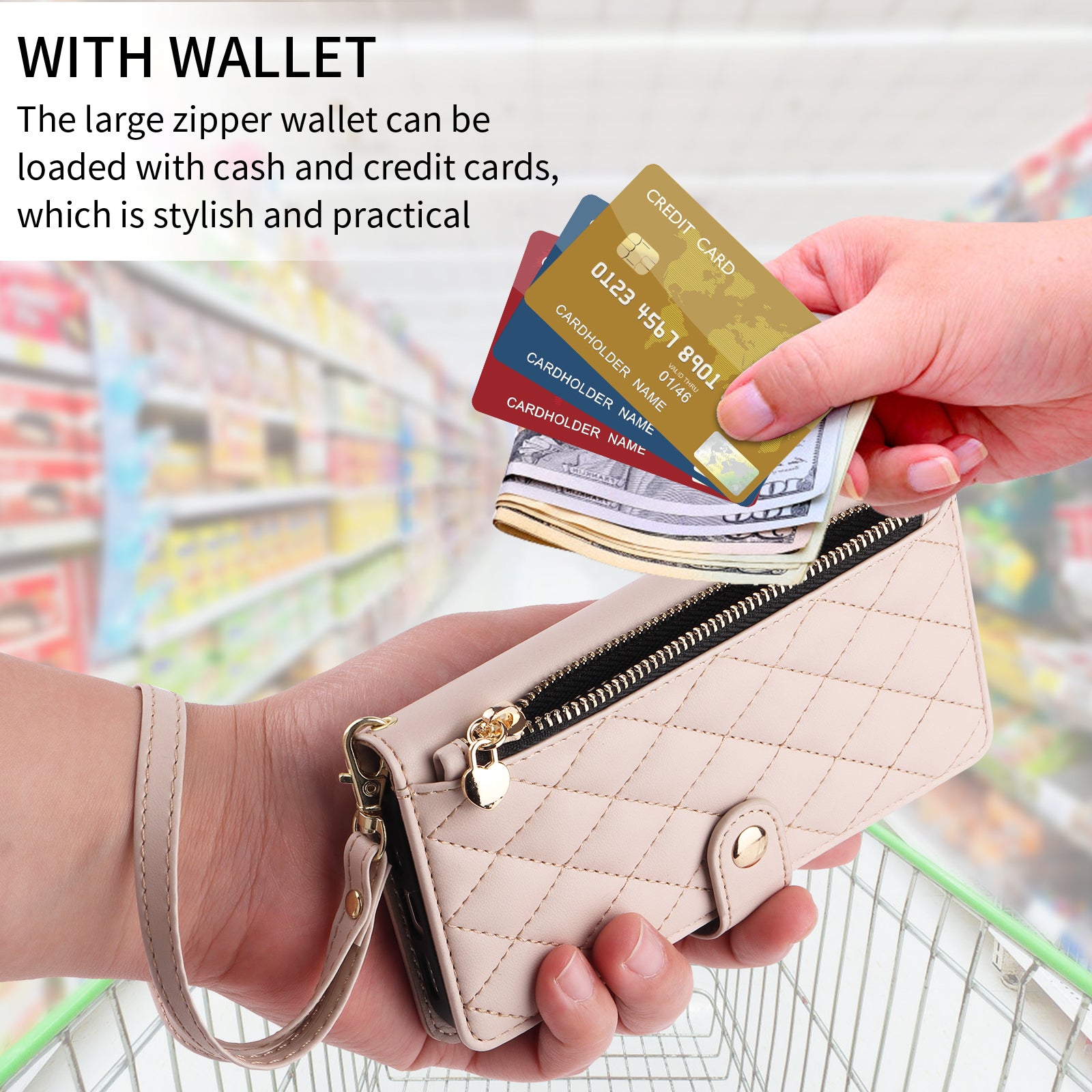 For-Samsung-Galaxy-S26-Edge-Wallet-Case-with-Straps,-Rhombus-Leather-Stand-Phone-Cover-Beige