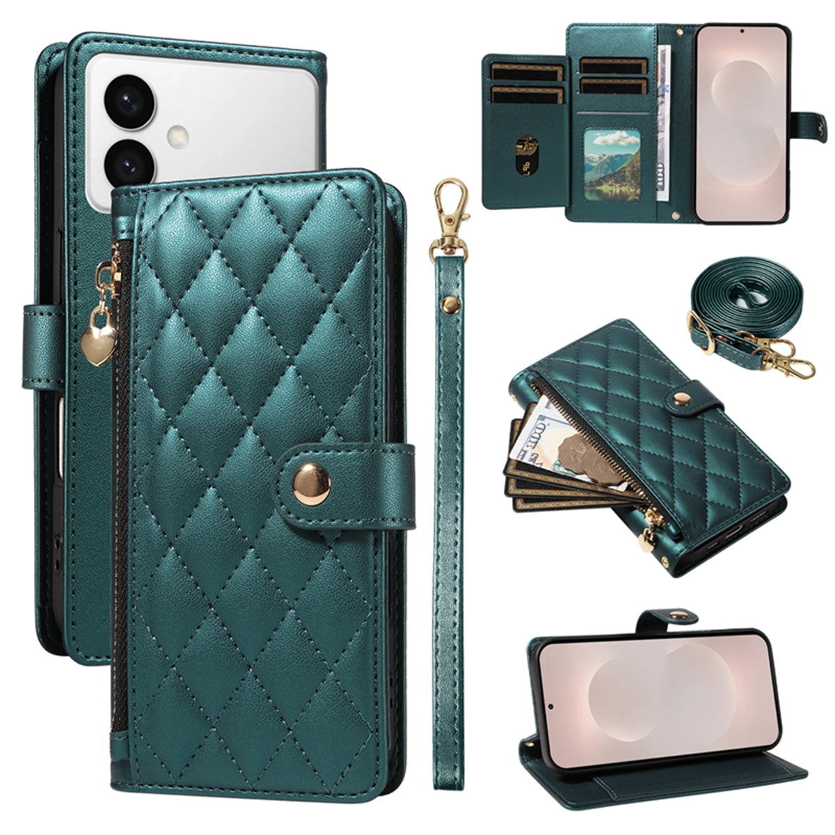 For-Samsung-Galaxy-S26-Edge-Wallet-Case-with-Straps,-Rhombus-Leather-Stand-Phone-Cover-Blackish-Green