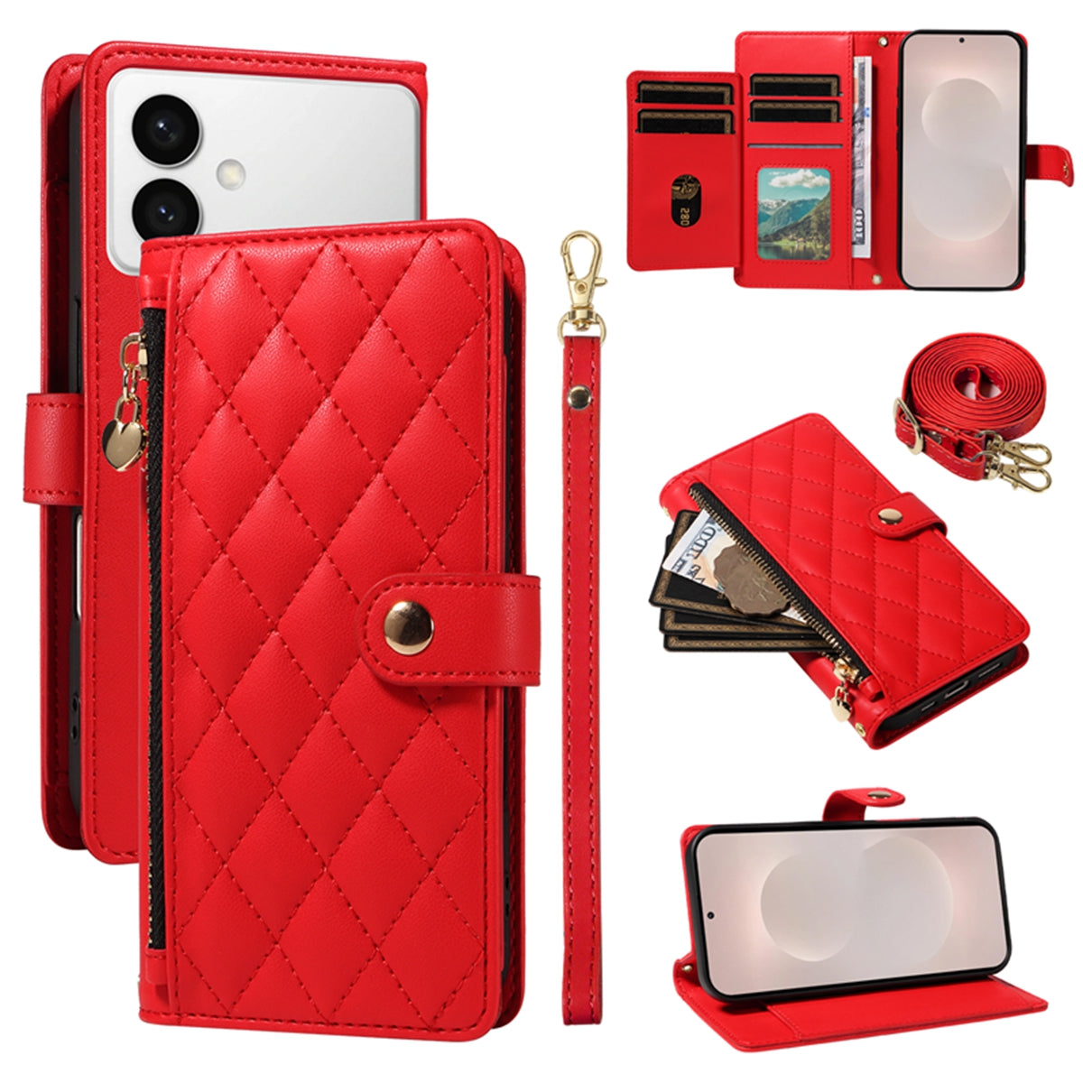 For-Samsung-Galaxy-S26-Edge-Wallet-Case-with-Straps,-Rhombus-Leather-Stand-Phone-Cover-Red
