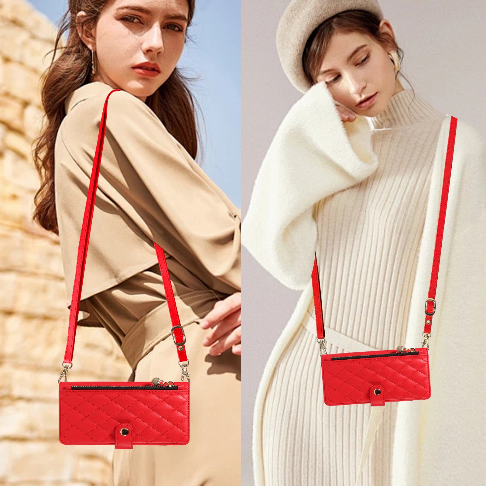 For-Samsung-Galaxy-S26-Edge-Wallet-Case-with-Straps,-Rhombus-Leather-Stand-Phone-Cover-Red