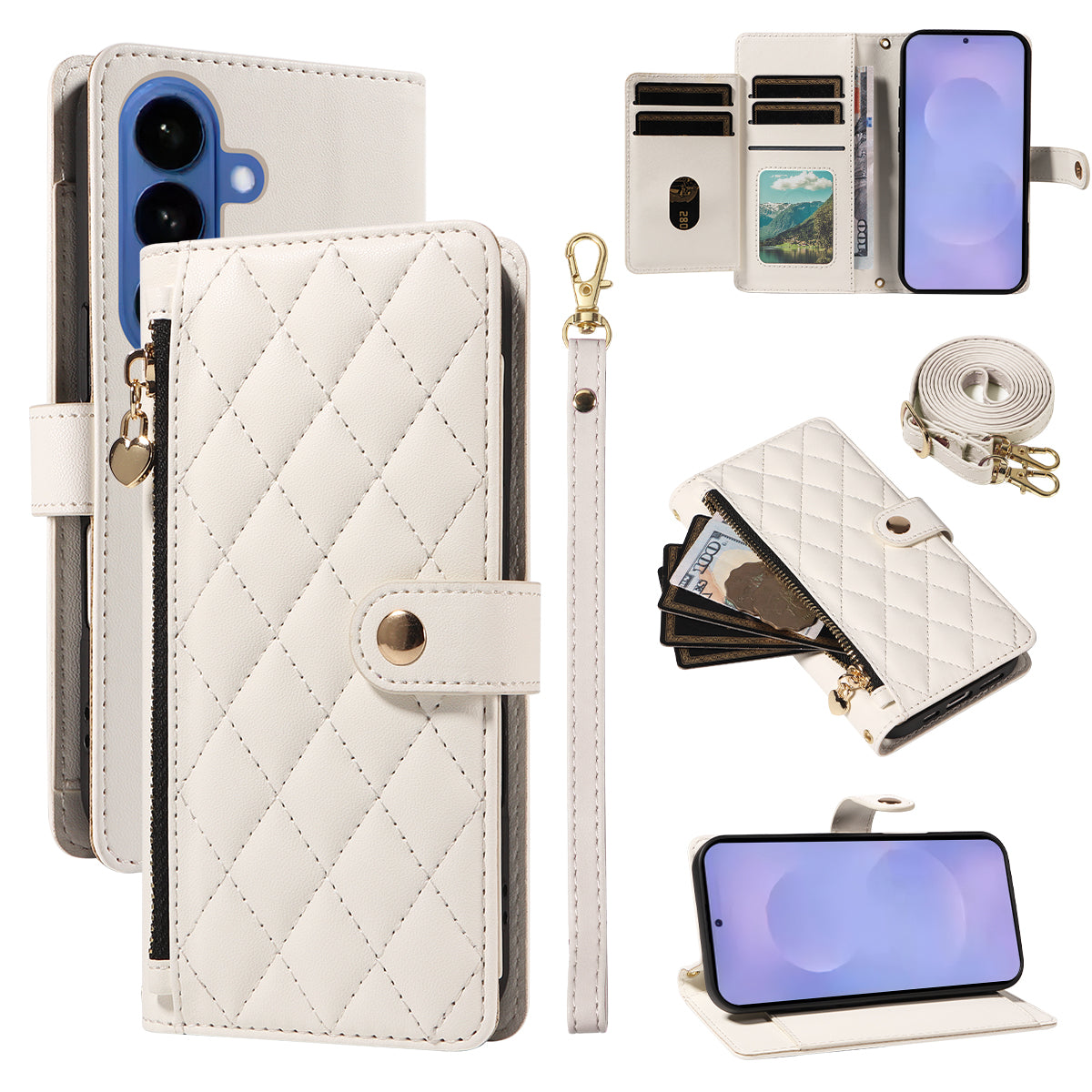 For-Samsung-Galaxy-S26-/-S26-Pro-Wallet-Case-with-Straps,-Rhombus-Leather-Stand-Phone-Cover-White